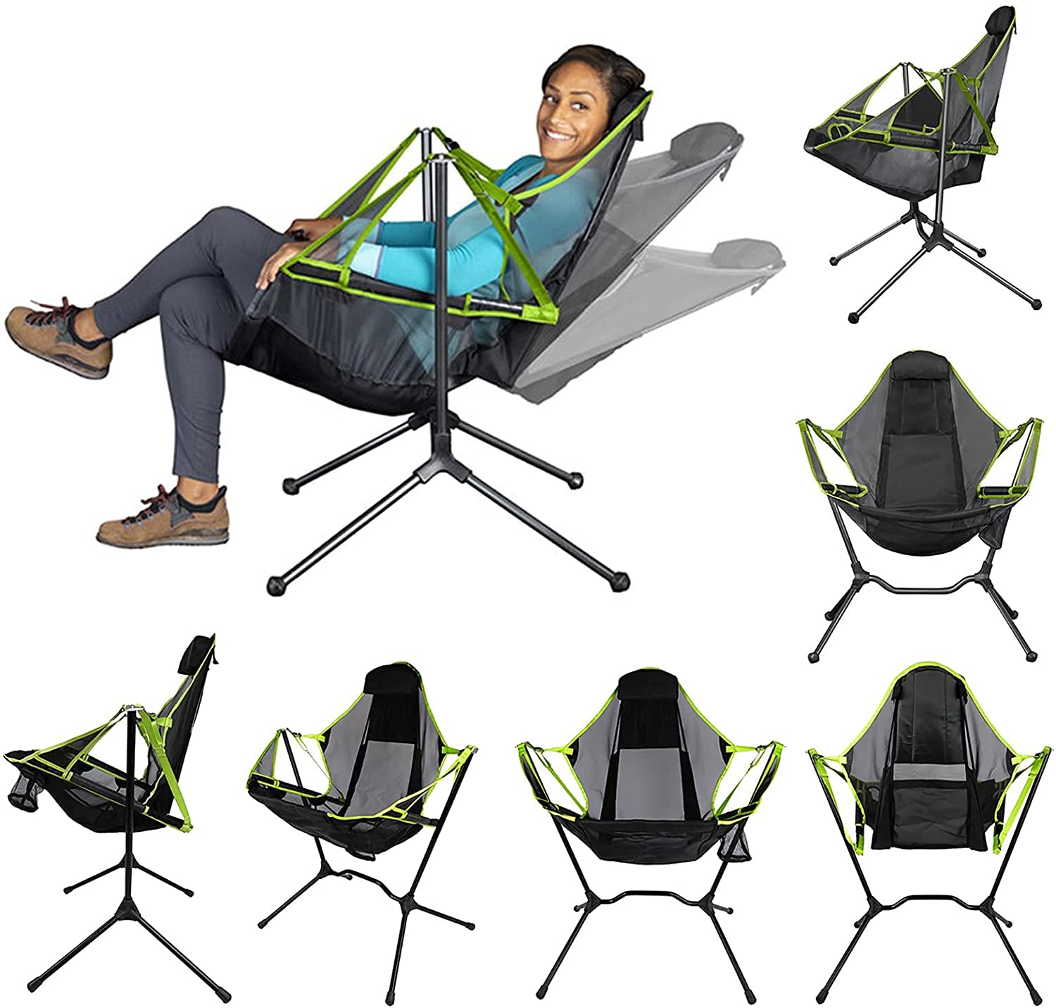Ultralight Folding Reclining Camping Chair with Pillow - Portable Rocking Moon Chair for Outdoor, Beach, Picnic & Travel - Perfect for Camping, Fishing, Stargazing & Backyard Relaxation (Light Green)