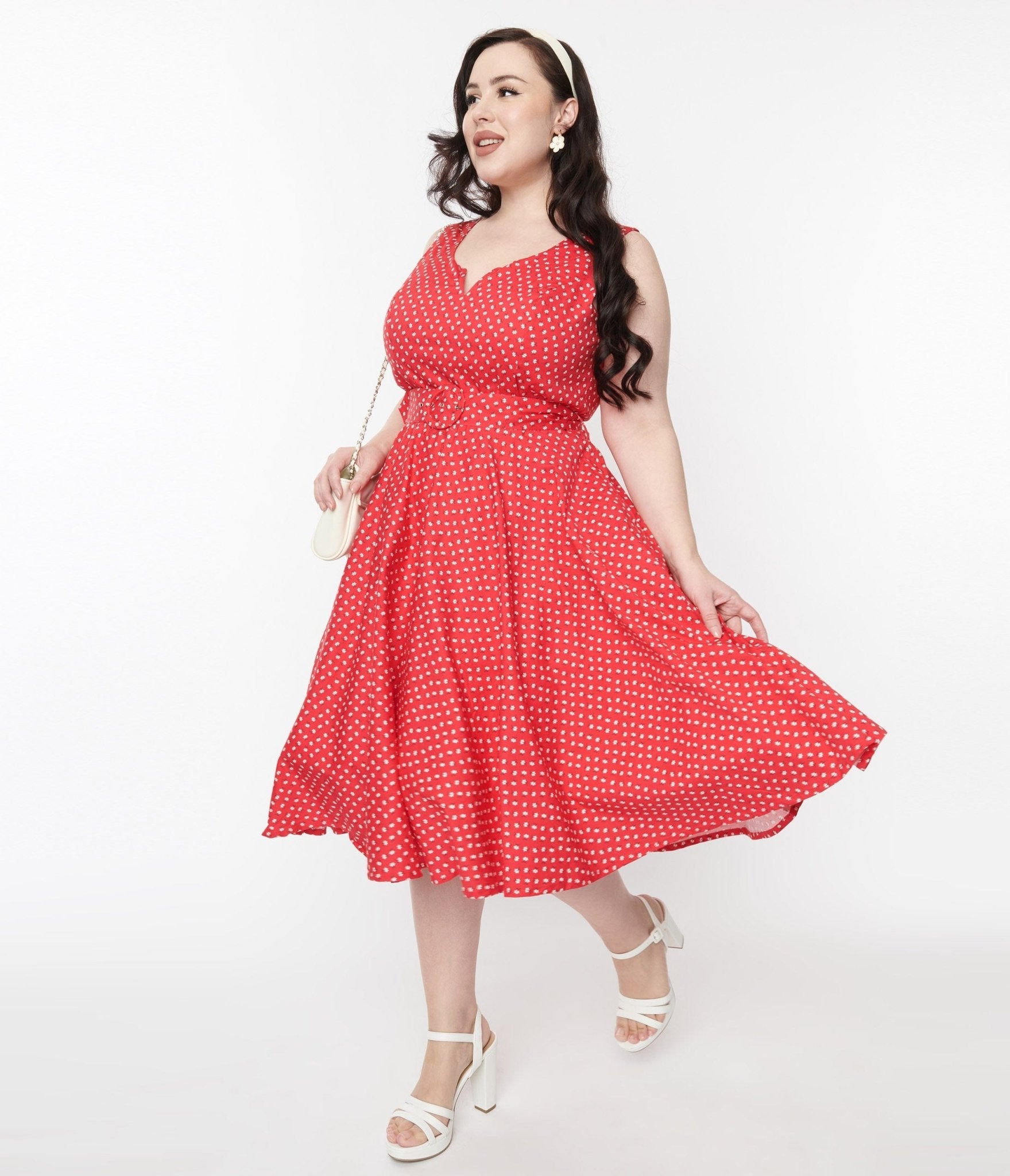 Red & White Floral Dot Belted Swing Dress - Women's Vintage Style A-Line Dress for Casual Wear, Parties & Date Nights