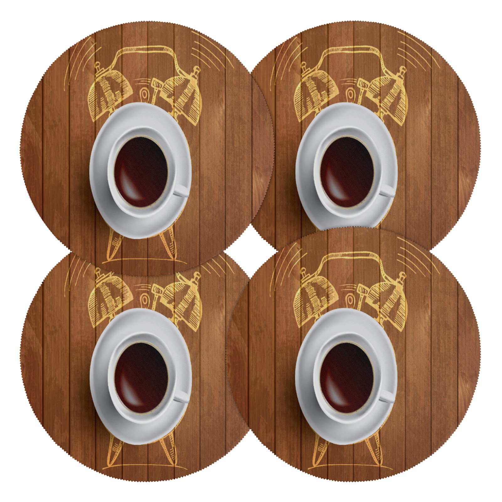 Wooden Coffee Clock Pattern Placemats - Set of 4 Heat Resistant Round Table Mats for Dining & Kitchen - 15.4 Inch Washable Polyester Home Decor - Perfect for Daily Meals, Dinner Parties & Coffee Time