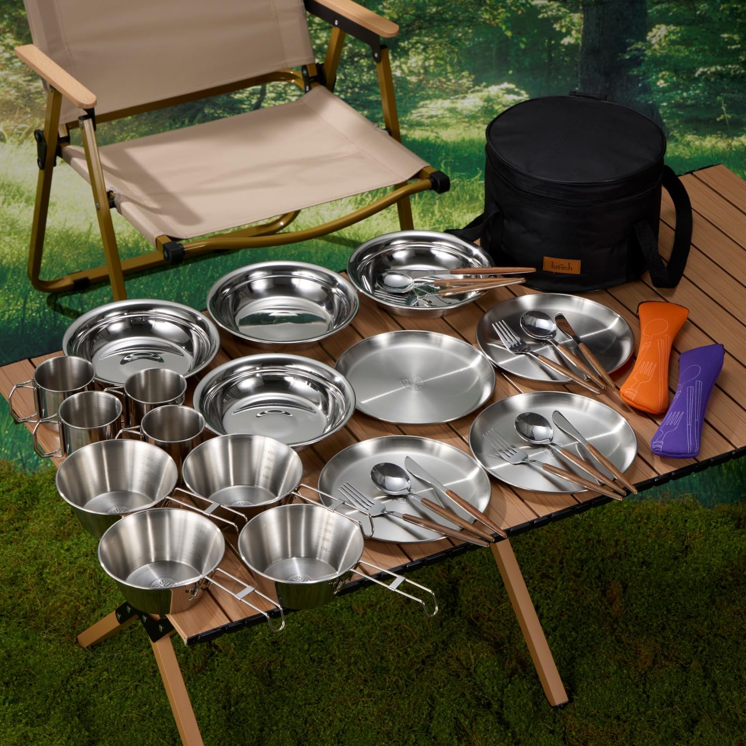 **31-Piece Camping Kitchen Tableware Set for 4 People - Stainless Steel Bowls, Plates, Cups, Spoons, Forks & Serrated Knife - Compact & Lightweight Mess Kit for Backpacking, Hiking, Picnics & Outdoor Adventures**