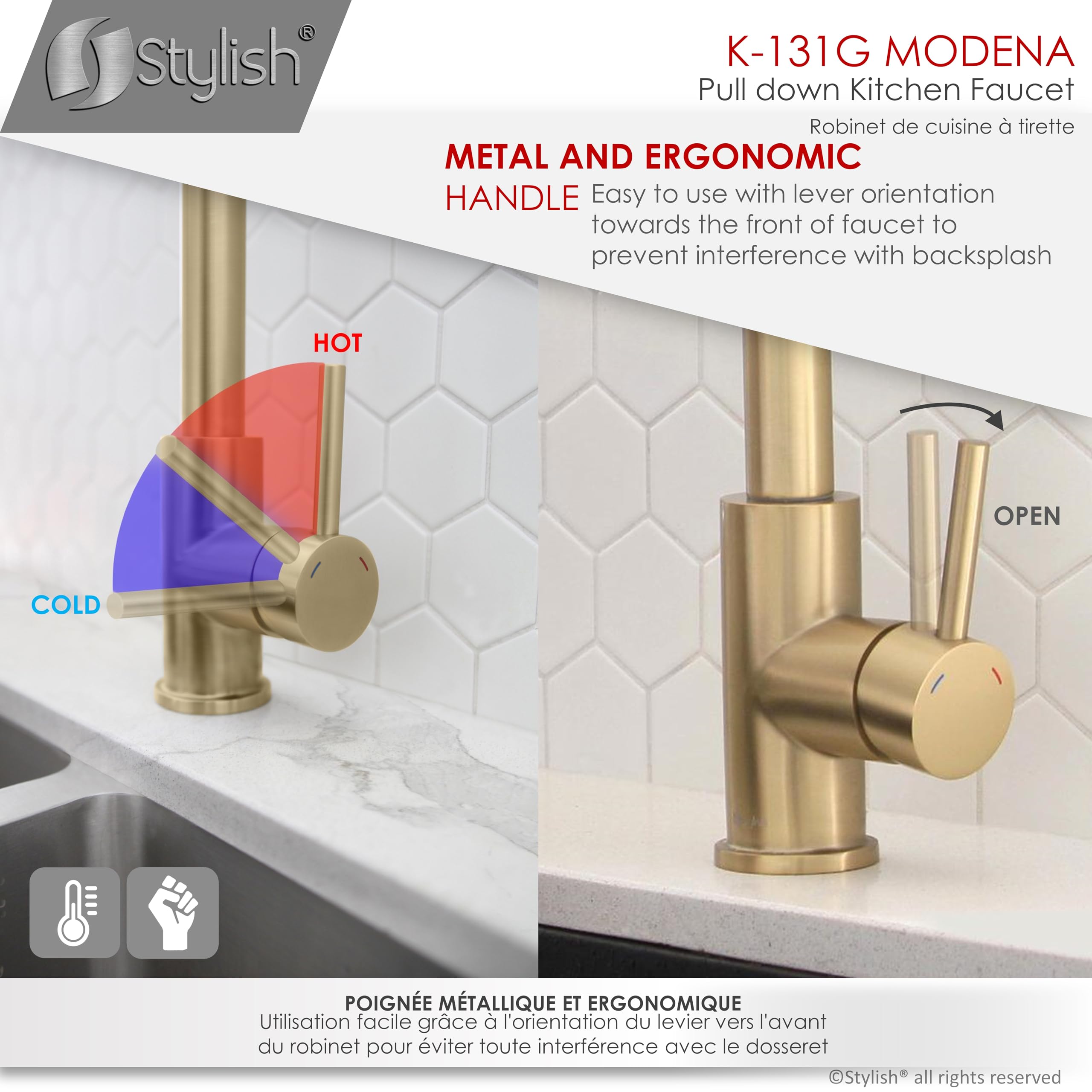Premium Stainless Steel Kitchen Faucet with Pull Down Sprayer - Single Handle High Arc Spout Mixer, Dual Function Sprayer, Ceramic Cartridge & Aerator - Brushed Gold Finish (Model K-131G) - Perfect for Modern Kitchens, Restaurant Prep Areas & Home Renovations