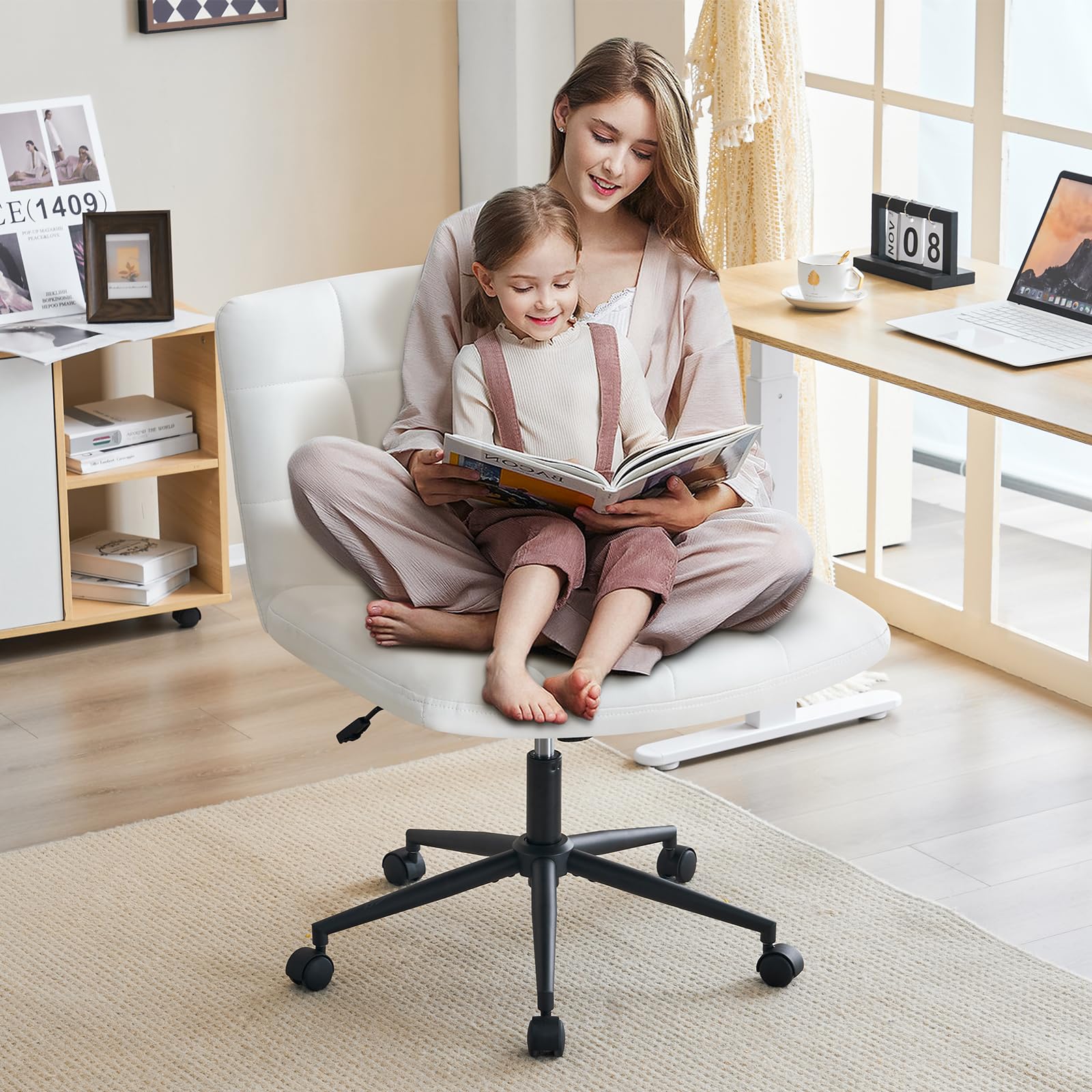 Furnimart Swivel Criss Cross Legs Office Chair with Wheels - Adjustable Height Armless Desk Chair, Comfortable PU Ivory White Seat for Home Office, Study, Vanity & Bedroom - Perfect for Work, Gaming & Relaxation