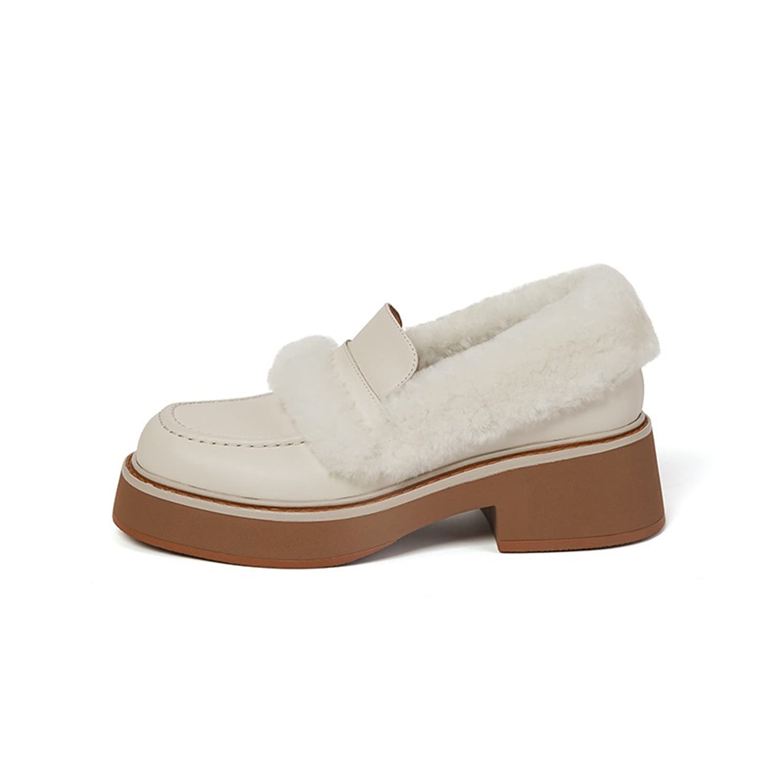LTHW Women's Winter Warm Wool Slip-On Loafers - Genuine Leather Casual Shoes with Round Toe & Chunky Heel - Platform Pumps for Women (White, Size 37) | Perfect for Office, Travel & Everyday Comfort