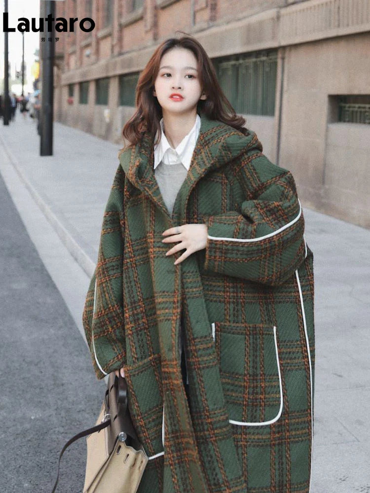 Women's Oversized Long Wool Blend Trench Coat with Hood - Warm Plaid Patchwork Design for Autumn Winter | Korean Fashion Runway Style | Perfect for Casual Outings, Office Wear & Cold Weather