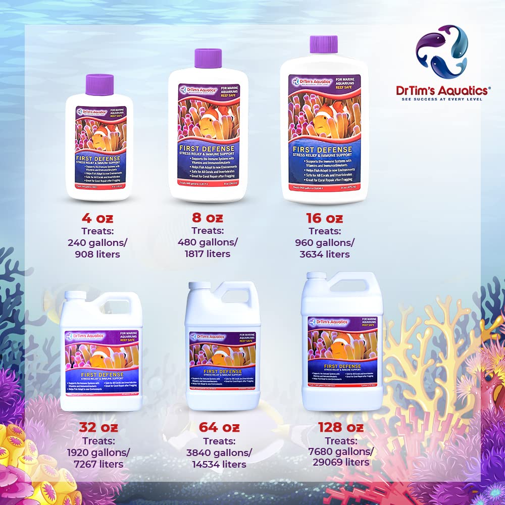 DrTim's Aquatics First Defense for Reef Aquariums - Stress Relief & Immune Support with Vitamins & Immunostimulants for Saltwater Fish - 32 oz Bottle - Perfect for Coral Reef Tanks, Marine Fish Health & Water Quality Maintenance