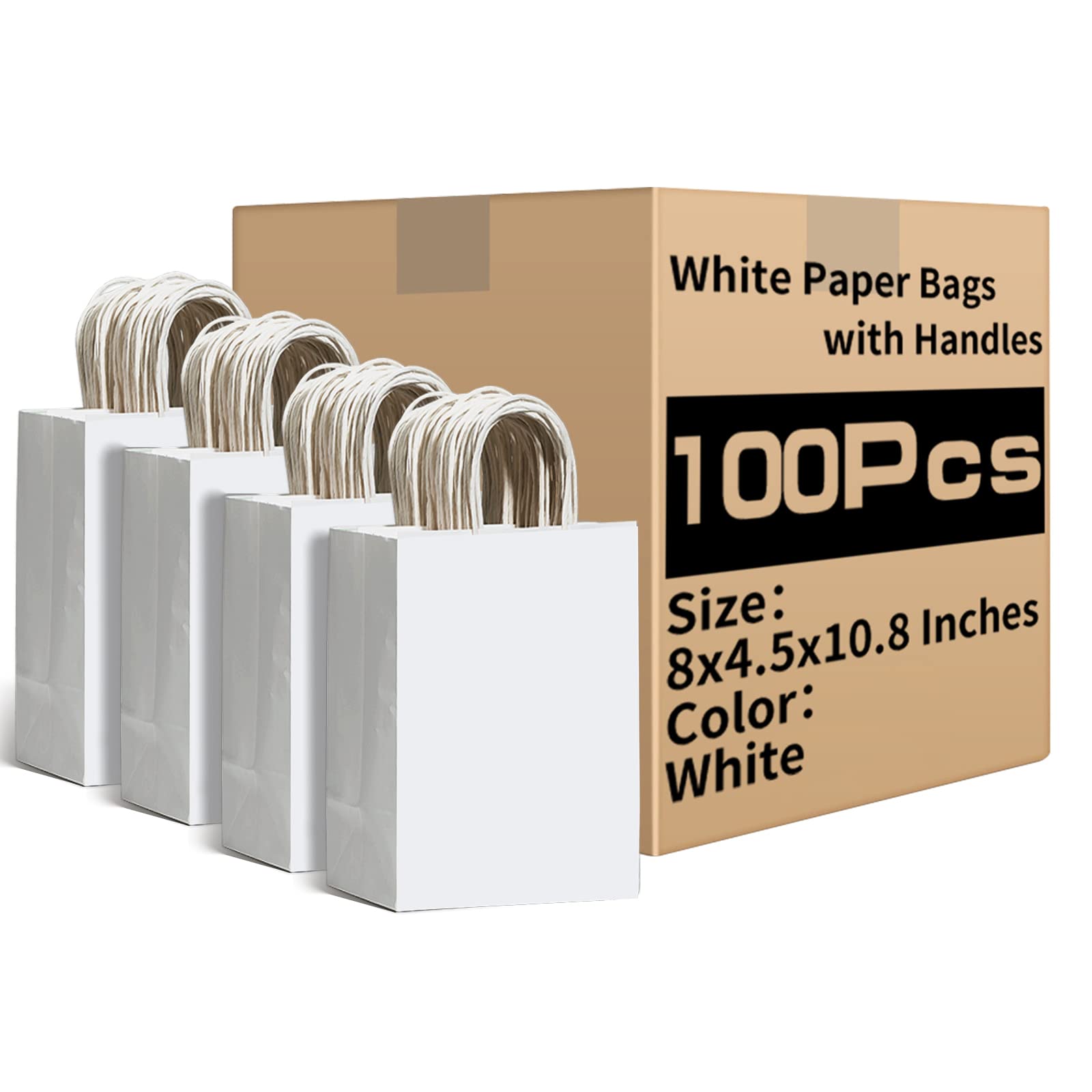 RACETOP 100Pcs White Paper Gift Bags with Handles 8