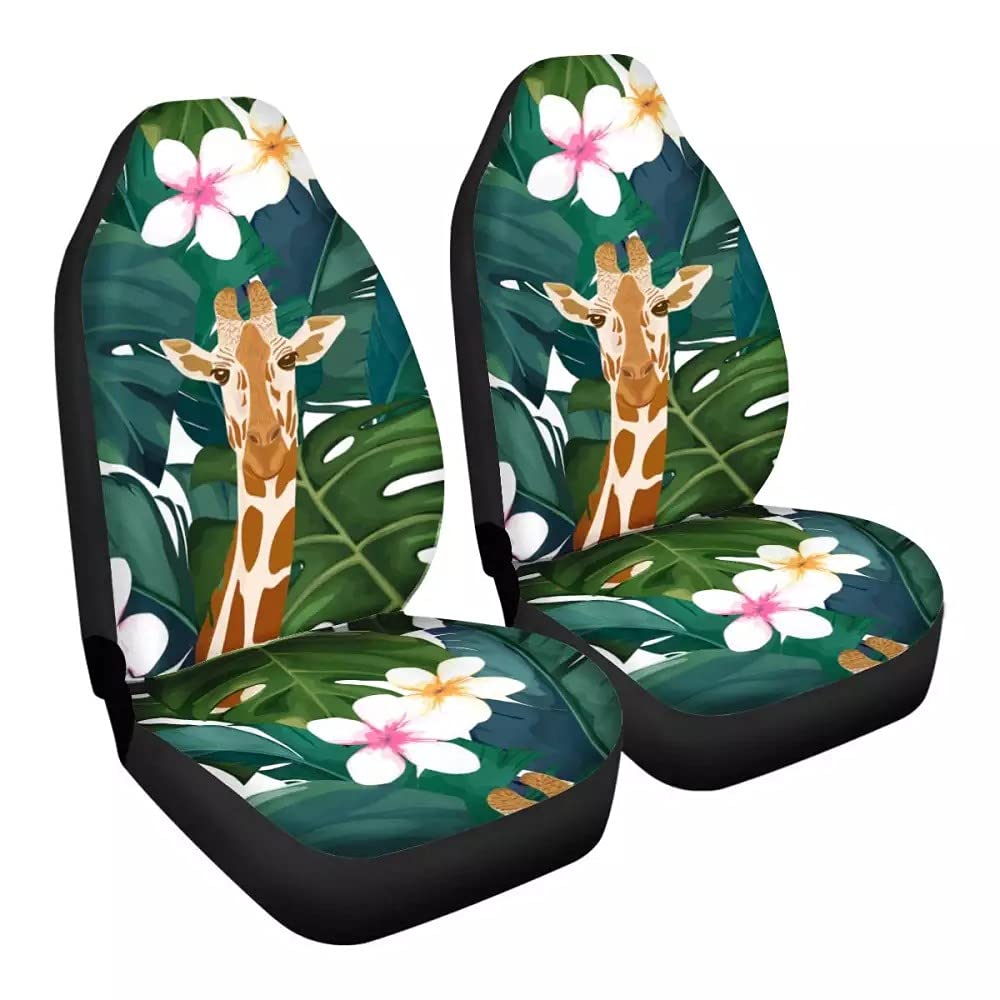INSTANTARTS Giraffe Print Car Seat Cover - Tropical Monstera & Plumeria Stretch Fabric Bucket Seat Protector for Front Seats Only | Perfect for SUVs, Trucks & Sedans