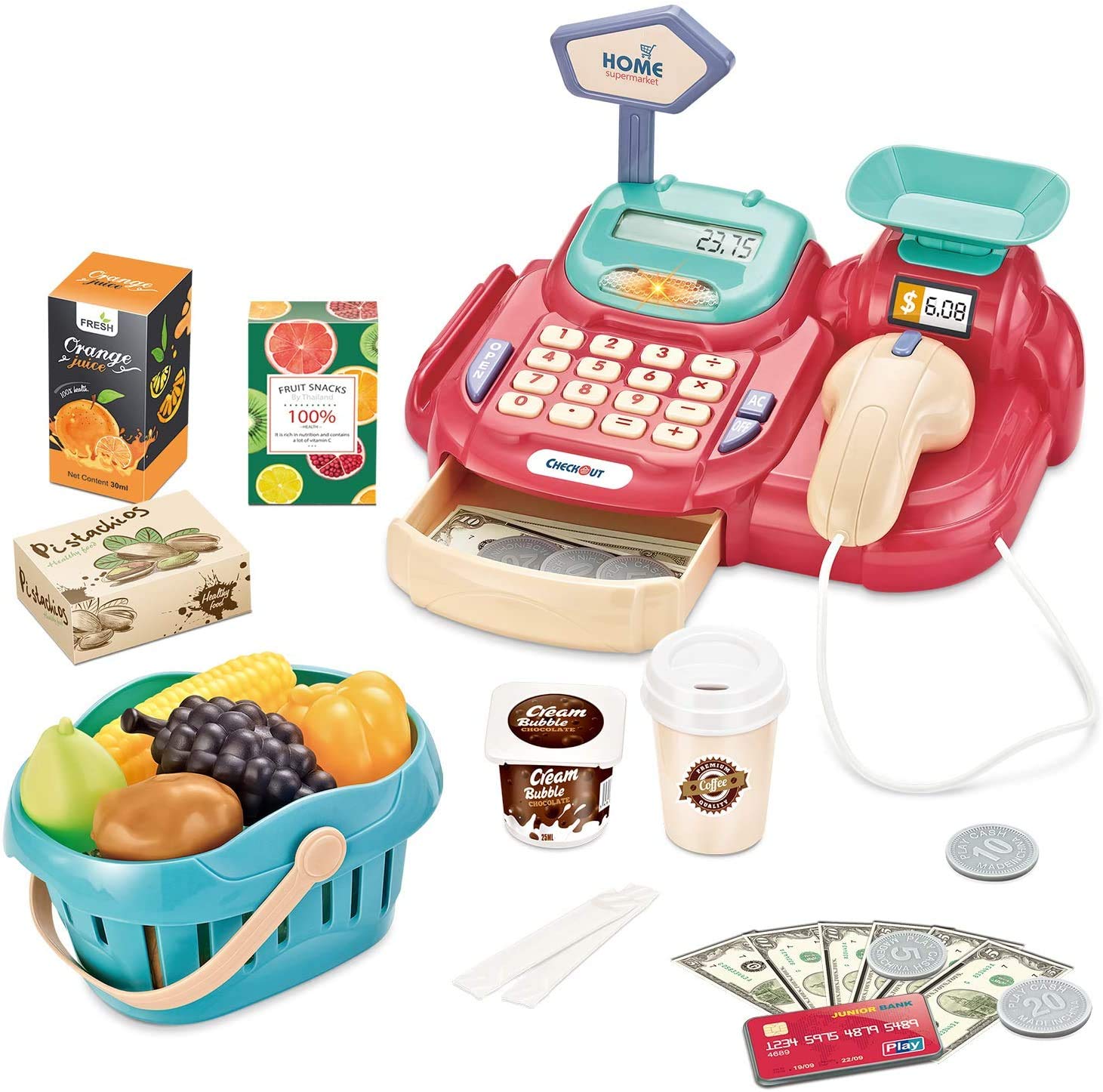 Hayden Ljsu Kids Pretend Play Cash Register Toy with Scanner, Sounds, Calculator, Scale & Card Reader - Includes Play Money, Credit Card & Grocery Toys for Boys & Girls - Perfect for Supermarket Role Play & Early Math Learning