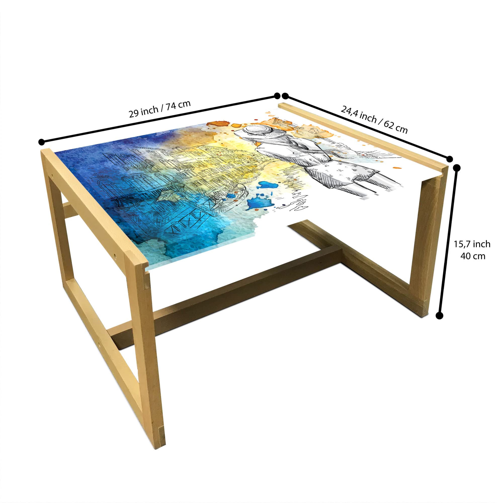 Ambesonne Watercolor Coffee Table - Modern Grunge Paint Stains & Standing Lady Design, Acrylic Glass Top with Wooden Frame, Dark Violet Cream & Amber - Perfect for Offices, Dorms & Living Rooms