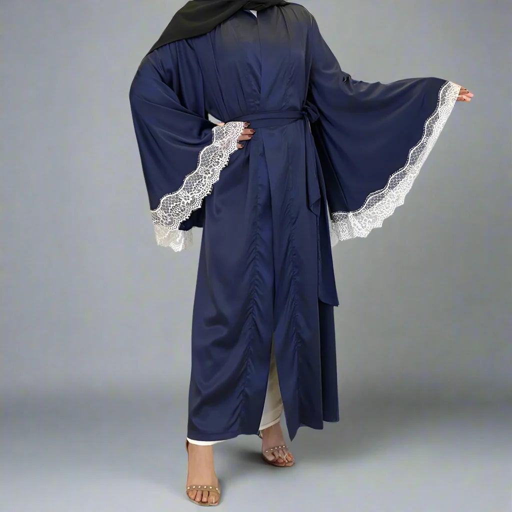 Elegant Muslim Abaya Dress - Embroidered Satin Open Front Long Dress for Women | Perfect for Prayer, Mosque, Eid & Special Occasions