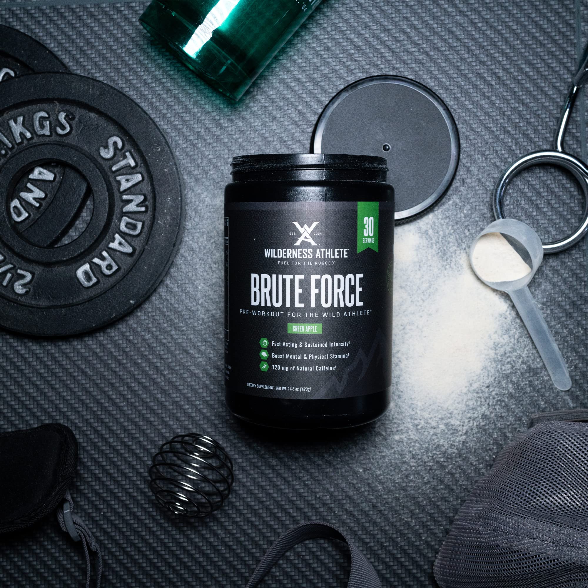 Wilderness Athlete Brute Force Pre-Workout Powder - Best Natural Caffeine Workout Supplement for Men & Women - Green Apple Flavor | Pre-Workout Energy Drink for Gym, Running & CrossFit Training