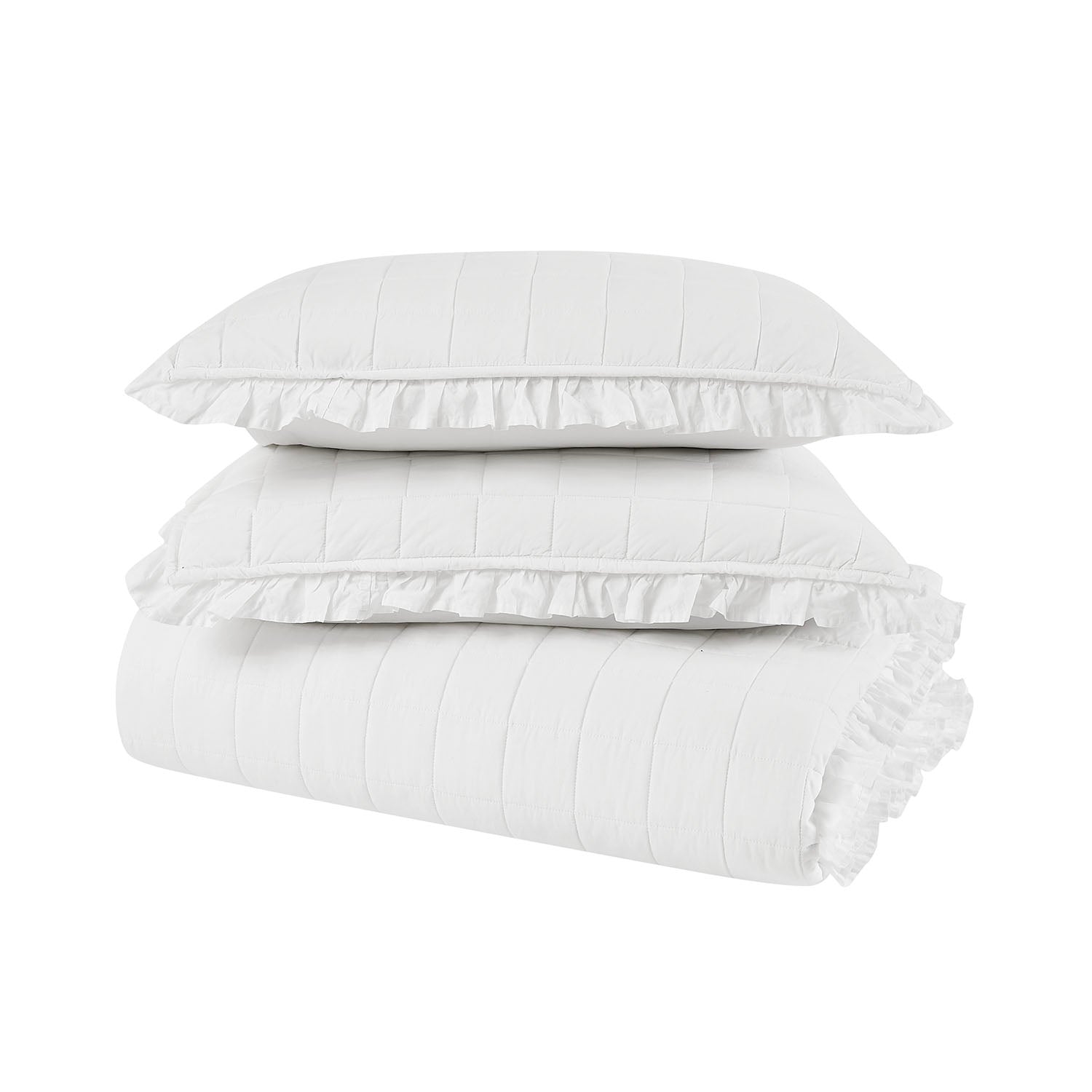 Rachel Ashwell Farmhouse Ruffled Washed Cotton White Quilt Set - Soft Vintage Bedding for Cozy Cottage & Shabby Chic Bedrooms