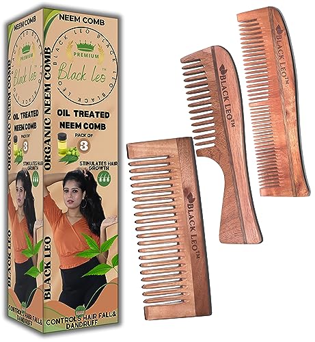 Blackleo Kacchi Neem Wooden Comb 3-Pack - Herbal Oil Treated Wide & Dual Tooth Comb for Hair Growth, Frizz & Dandruff Control - Detangling Comb for Smooth, Tangle-Free Hair - Perfect for Daily Hair Care & Scalp Massage at Home or Travel