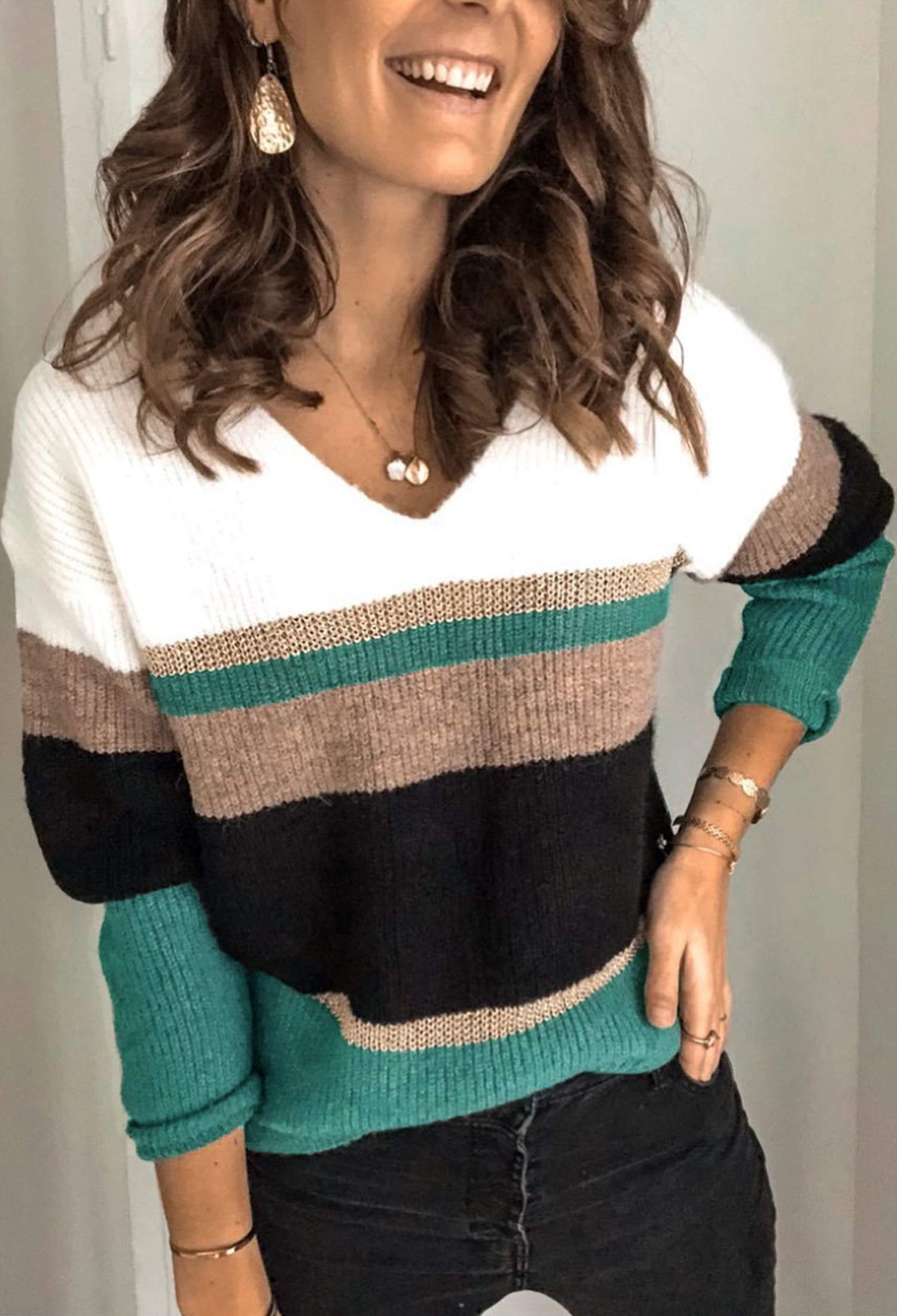 Angashion Women's Casual Long Sleeve Crewneck Color Block Patchwork Pullover Knit Sweater - Soft Warm Winter Tops for Office, Dating & Daily Wear