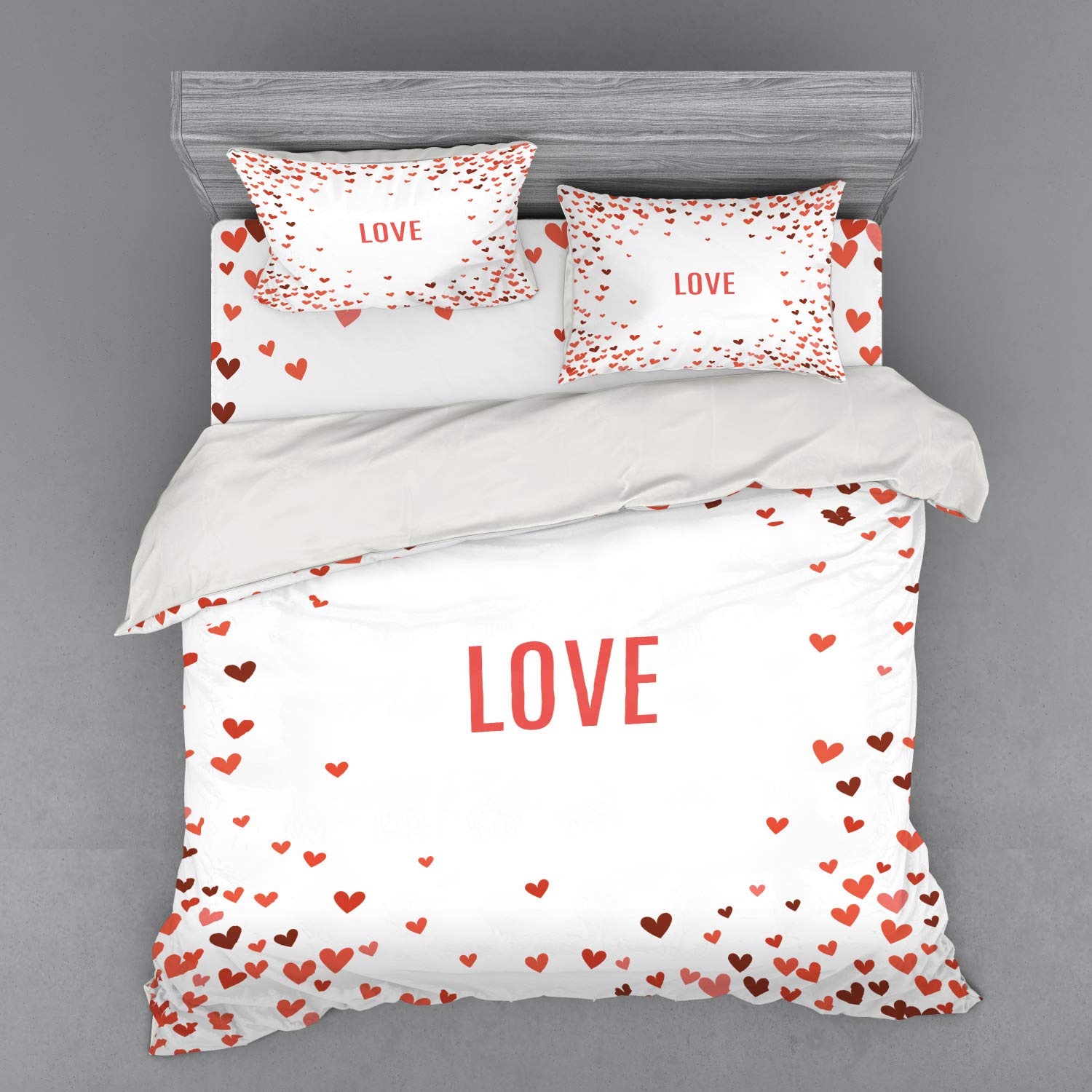 Ambesonne Romantic Love Bedding Set - King Size 4-Piece Duvet Cover Set with Shams & Fitted Sheet, Hearts & Abstract Amour Design in Burgundy Red & White - Perfect for Valentine's Day, Anniversary Gifts & Couples' Bedroom Decor