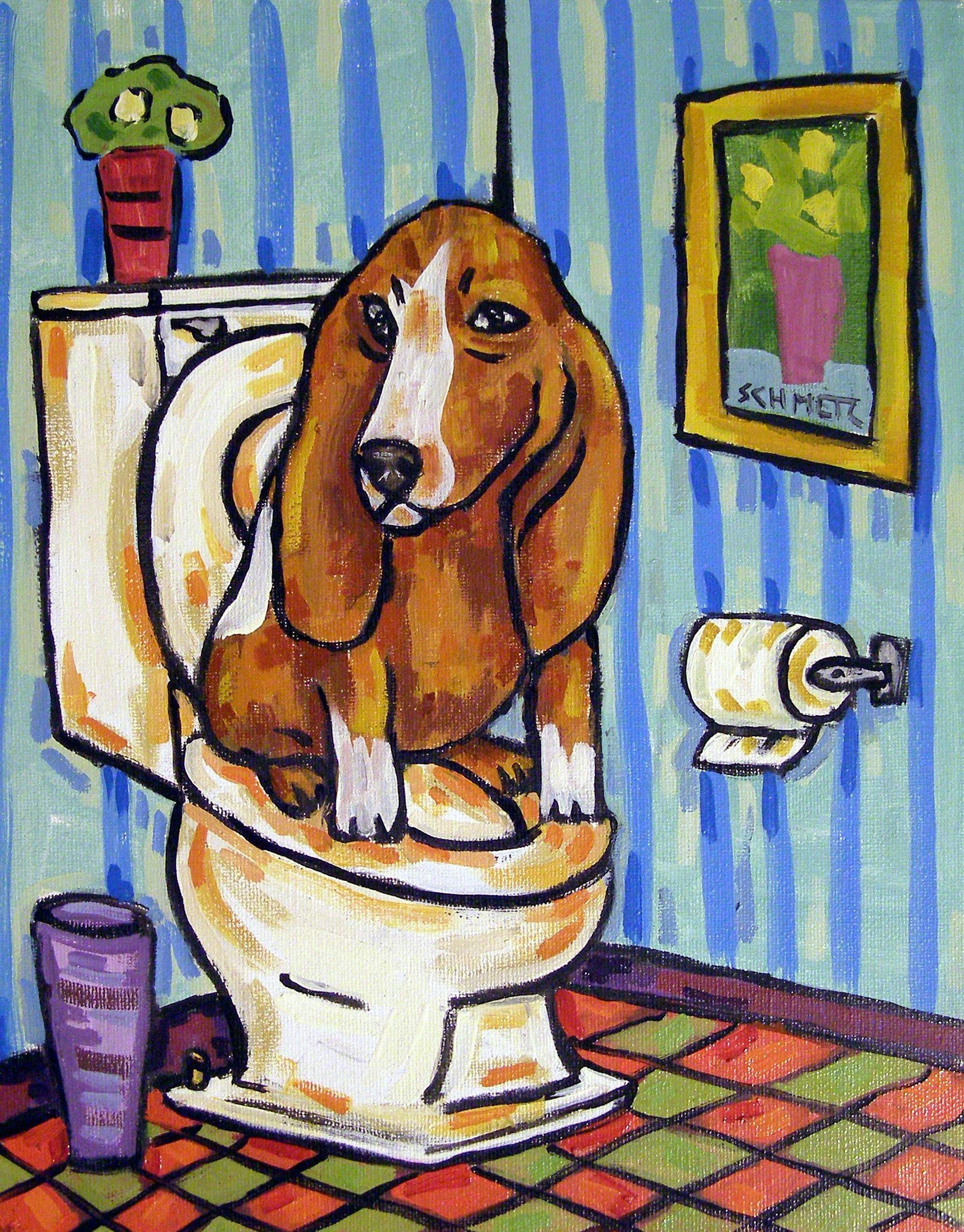 Basset Hound Dog Bathroom Wall Art Print - Signed Canine Decor for Bathroom, Dog Lover Gift, Home Decor & Pet Themed Interior Design