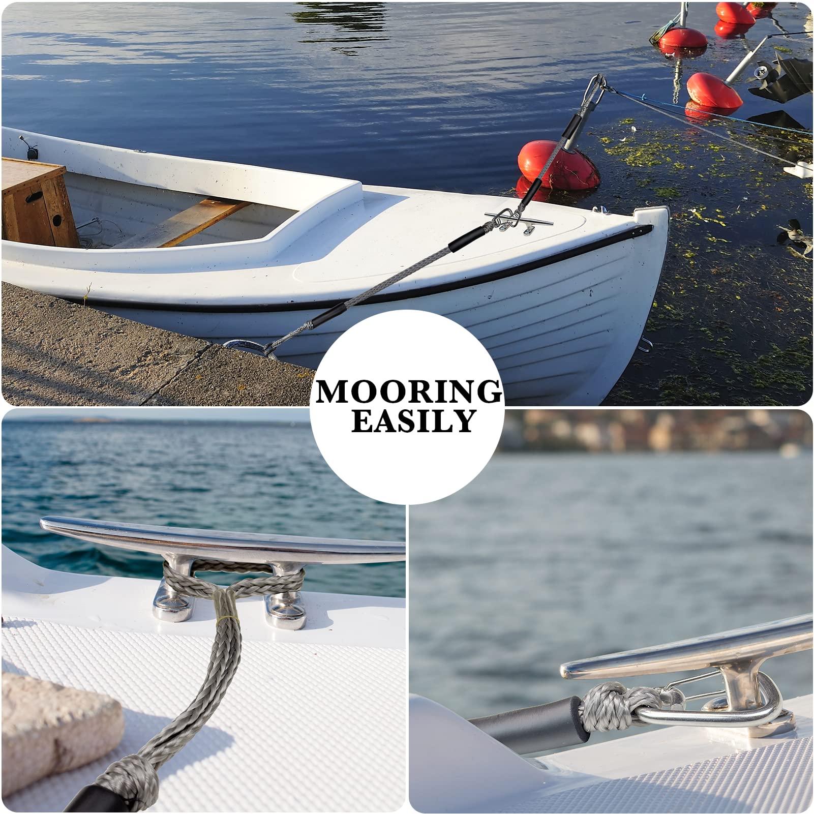 316 Stainless Boat Bungee Dock Lines 2PCS - Marine Grade for Jet Ski, Kayak, Pontoon - Quick Mooring (Grey, 3 Feet)