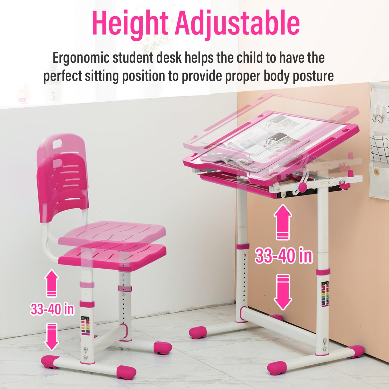 Adjustable Kids Desk and Chair Set - Ergonomic Children's Study Table with Storage Drawer, Tilt Desktop & Metal Hook - Multi-Functional Learning Desk for School & Homework (Pink) - Perfect for Homeschooling, Online Classes & Bedroom Study Space