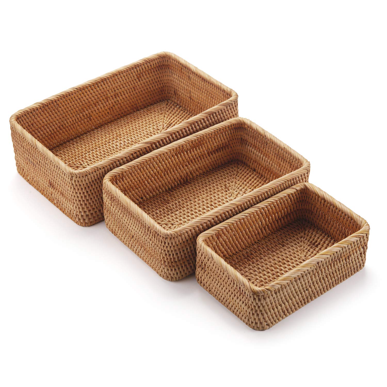 Natural Rattan Fruit Storage Baskets - Rectangular Woven Wicker Box for Organizing Fruits, Keys & Remotes - Stackable Set of 3 - Perfect for Kitchen Counter, Dining Table & Living Room Decor