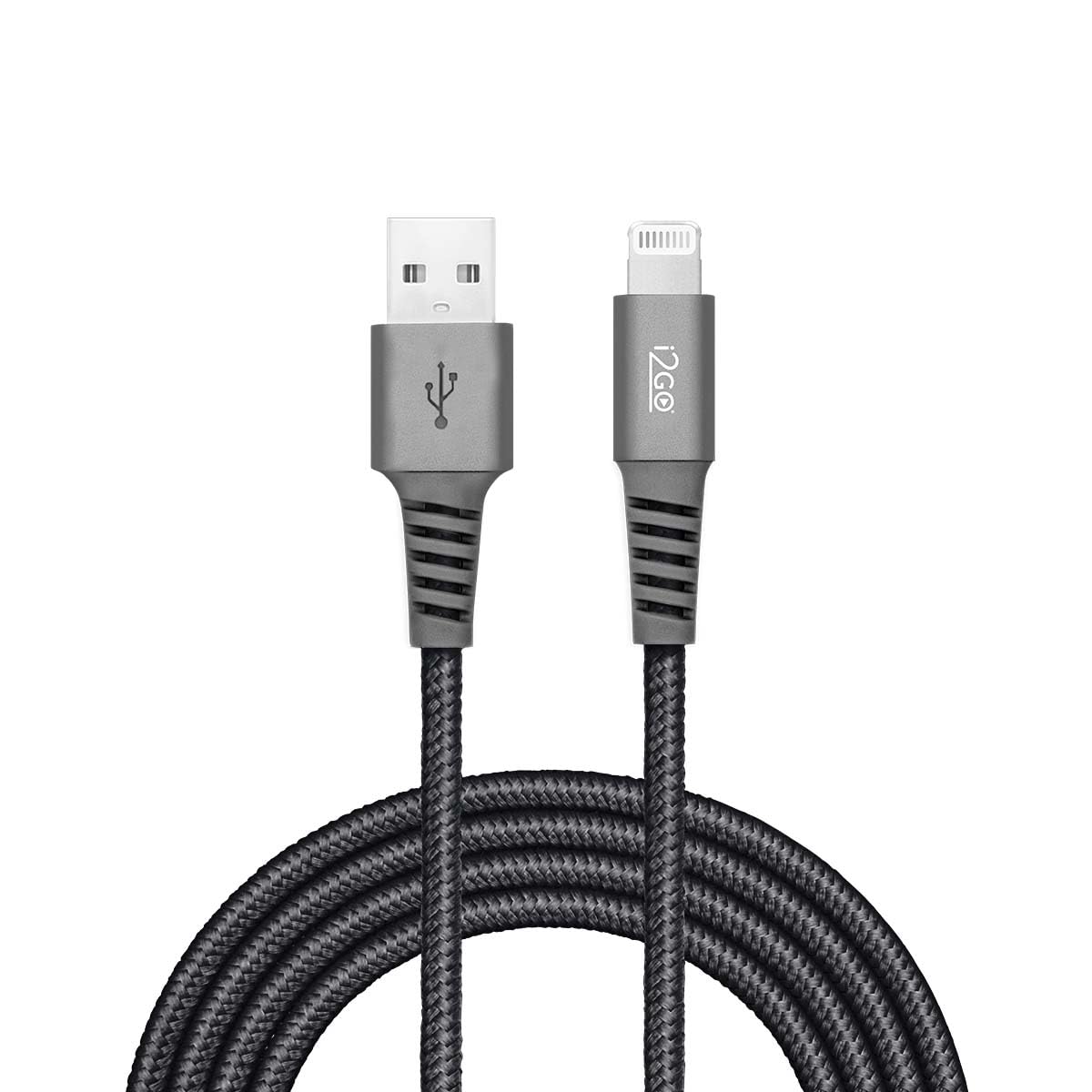 Premium i2GO 6Ft Lightning Nylon Braided Cable - MFi Certified for iPhone 15/14/13/12/11/SE/XS/XR/X/8, iPad & More (Dark Grey) - Fast Charging & Durable for Home, Office & Travel Use