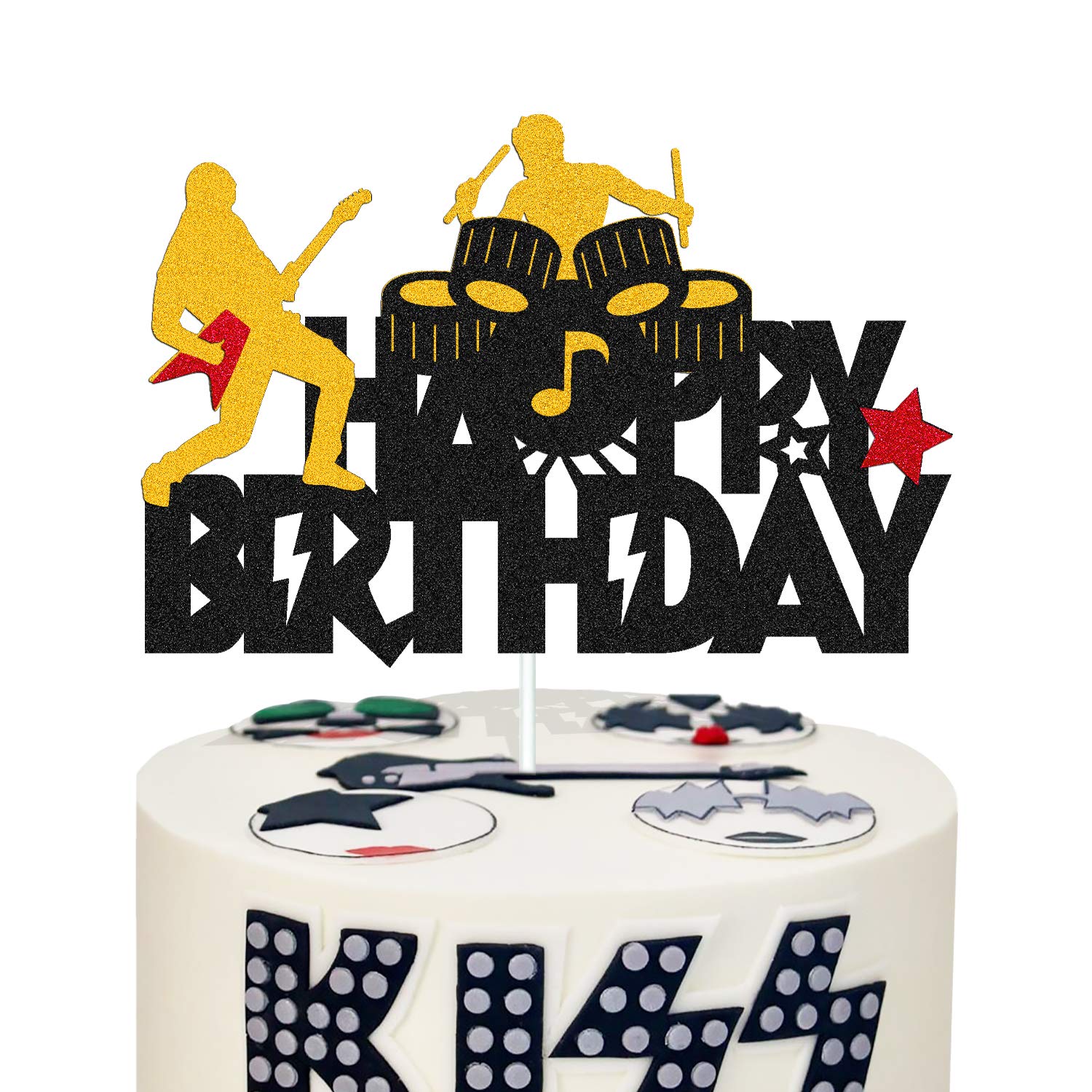 Rock and Roll Music Cake Topper - Happy Birthday Sign with Drums, Guitar & Musical Notes - Glitter Black Cake Decorations for Rock Themed Parties | Perfect for Musician Birthday Cakes & Rock n' Roll Celebrations