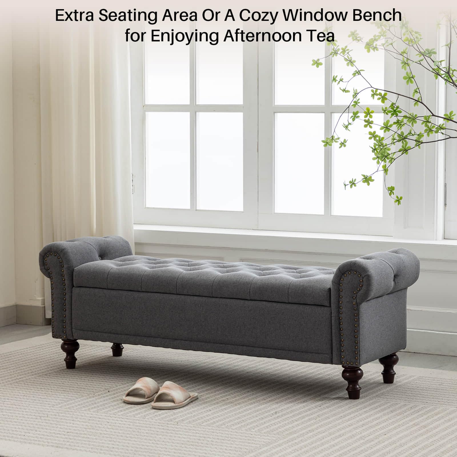 Upholstered Linen Storage Bench with Tufted Cushion & Rolled Arms - Large Ottoman for Bedroom, Living Room, Entryway - Grey Storage Seat Perfect for Reading Nook & Extra Seating