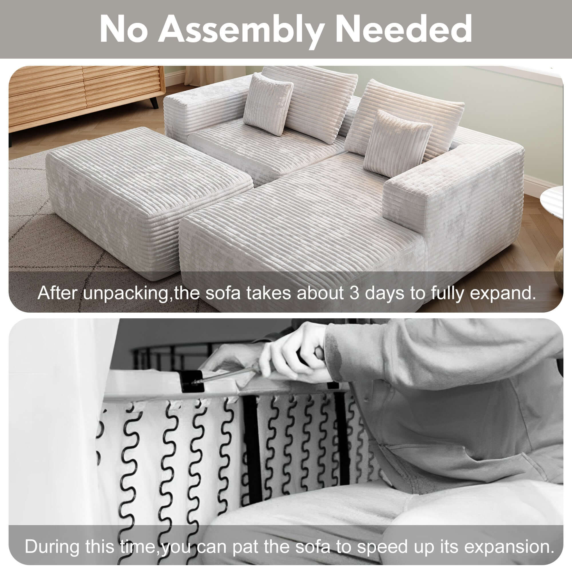 L-Shaped Beige Corduroy Sofa with Ottoman - Modern Comfortable Sectional Couch for Living Room, Lounge & Small Spaces