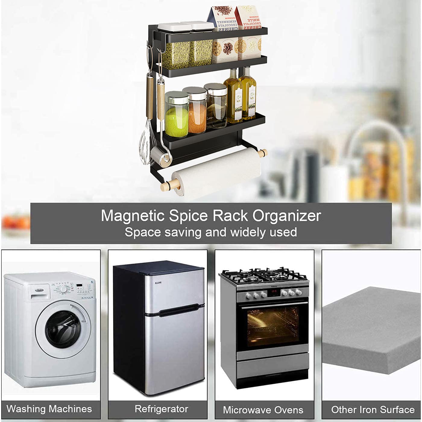 Magnetic Spice Rack for Refrigerator - Strong Magnetic Paper Towel Holder & Fridge Organizer - Kitchen Storage Shelf for Spices, Condiments & Utensils - Space Saving Black Organizer (Perfect for Small Kitchens, Dorms & RVs)