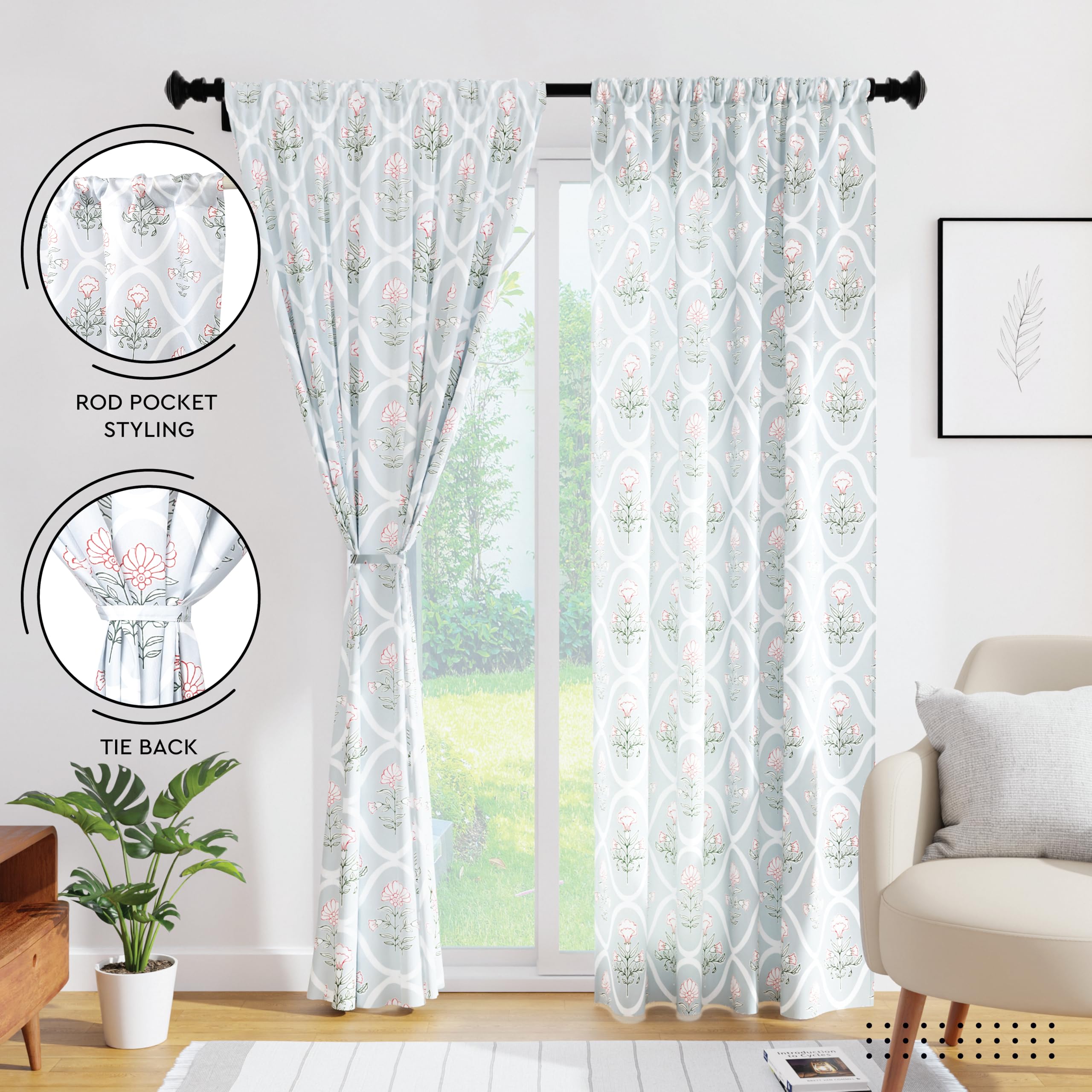Encasa XO Semi-Sheer Wide Rod Pocket Printed Polyester Curtains with Tie Back - 55