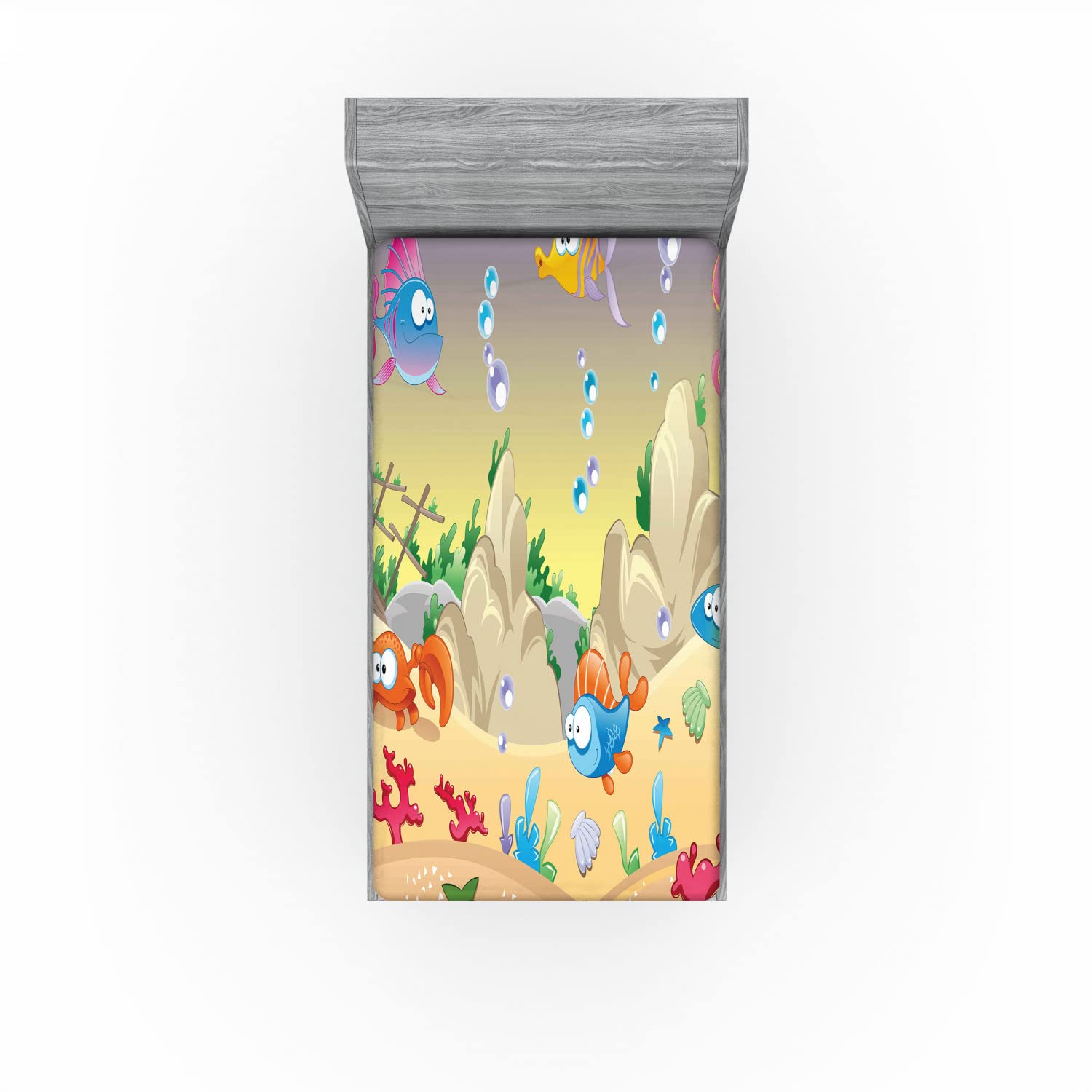 Ambesonne Underwater Fitted Sheet - Cartoon Sea Animals, Fish, Sunken Ship & Coral Reef Design - Deep Pocket Elastic Twin Size Bed Sheet - Perfect for Kids' Rooms, Ocean Themed Bedrooms & Nautical Decor