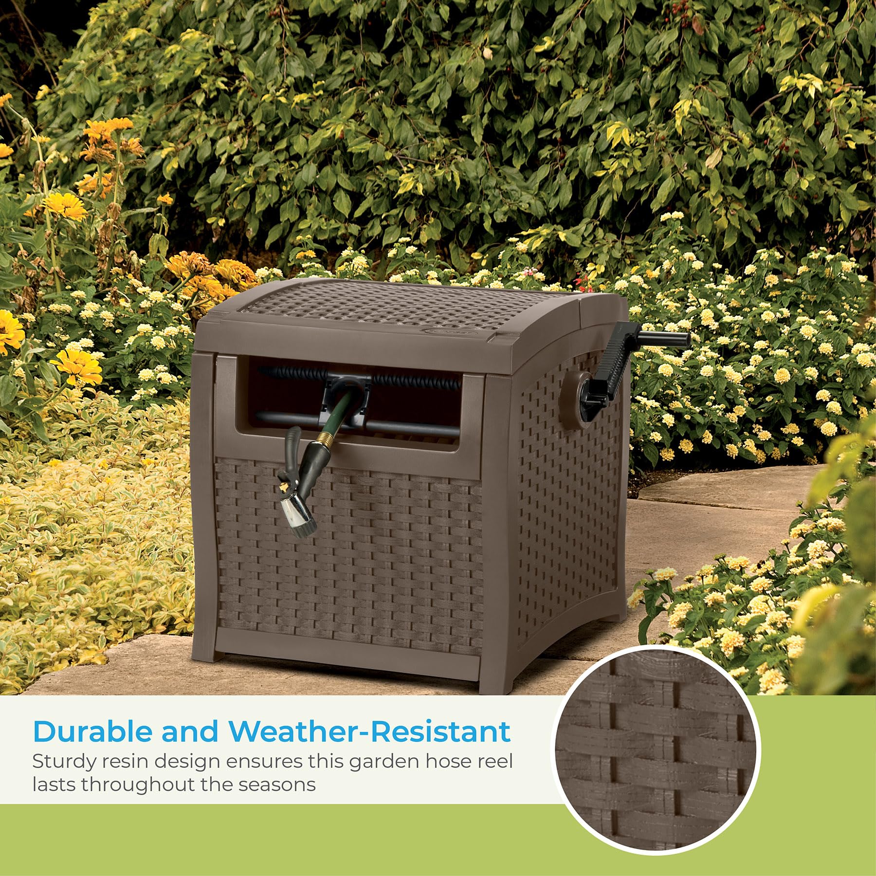 Suncast 225' Hose Reel with Smart Trak Hose Guide - Durable Resin Construction, Water-Tight Connection for Leak-Free Use - Perfect for Garden, Lawn & Outdoor Watering (Brown)