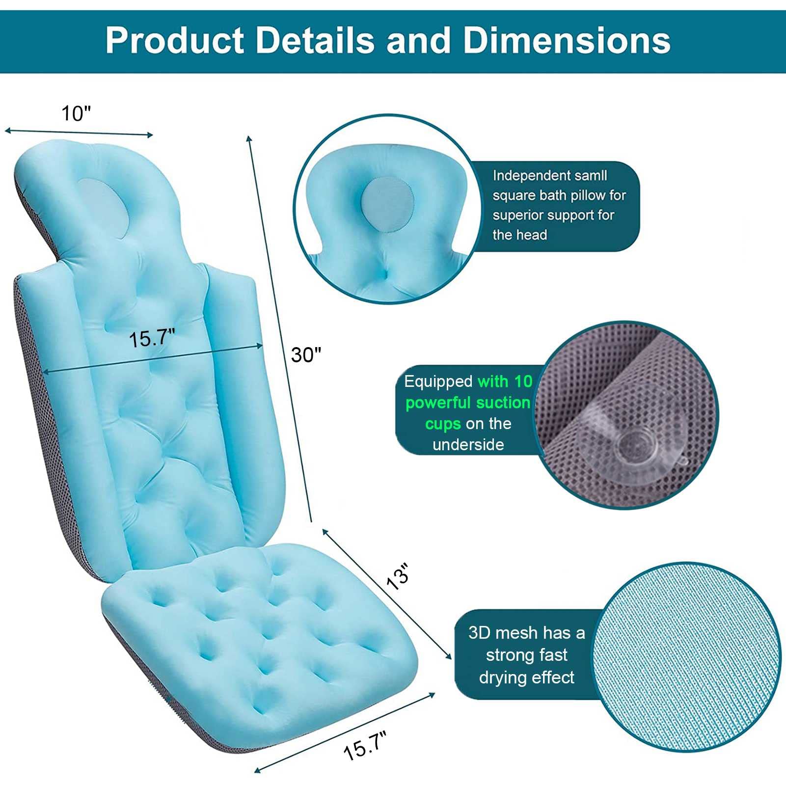 Premium Full Body Bathtub Pillow with Strong Non-Slip Suction Cups - Spa Cushion for Neck & Back Support - Fits Most Hot Tubs - Soft, Quick-Drying 44