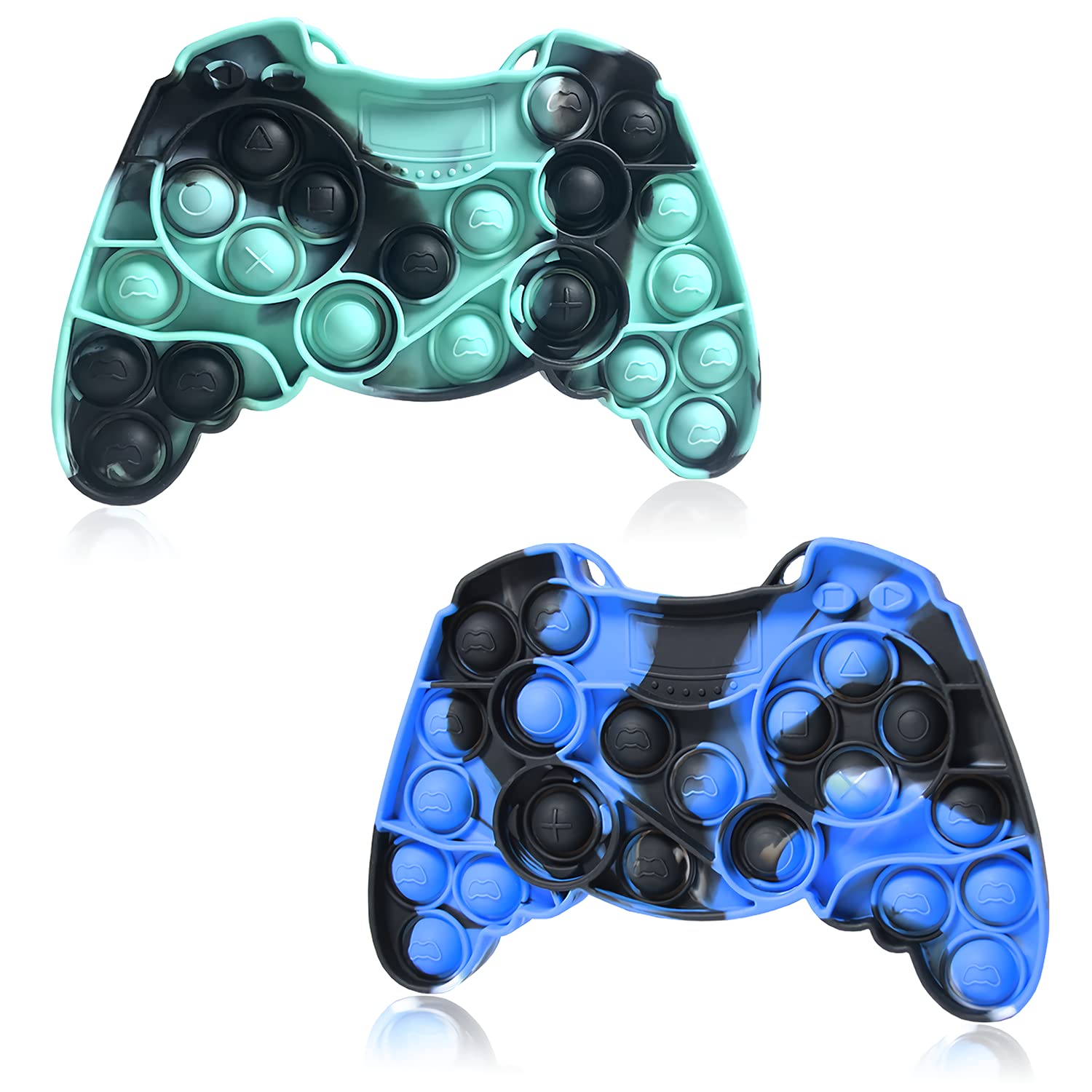 2 Pack Pop Push It Bubble Fidget Toys - Silicone Sensory Stress Relief Popping Game for Kids & Adults with Autism/ADD - Gamepad Shape Anxiety Relief Toys (Cyan/Black-Blue/Black) - Perfect for Classroom, Office, Travel & Home Relaxation