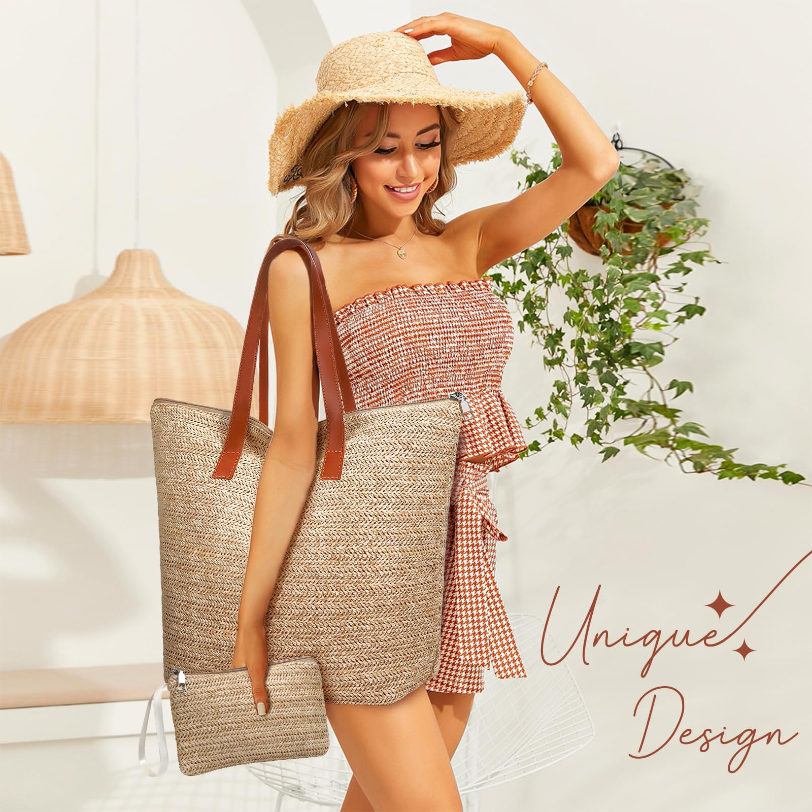 Straw Beach Bag for Women - Woven Summer Tote Shoulder Handbag Boho Style | Perfect for Beach Vacations, Pool Parties & Summer Outings