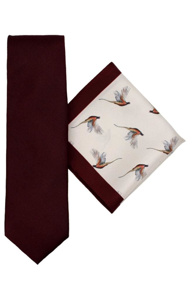 Luxury LA Smith Wine Pheasant Silk Tie and Pocket Square Set - Elegant Formal Accessories for Weddings, Business Meetings & Special Occasions
