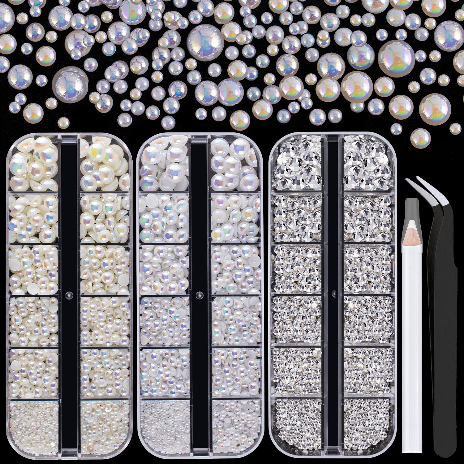 4000PCS Flatback Rhinestones & Half Round Pearls Kit - #16 Multi-Size Clear Glass Crystals, White AB & Beige AB Plastic Dome Beads with Pickup Pencil & Tweezer for Nail Art, DIY Jewelry Making, Scrapbooking, and Craft Projects