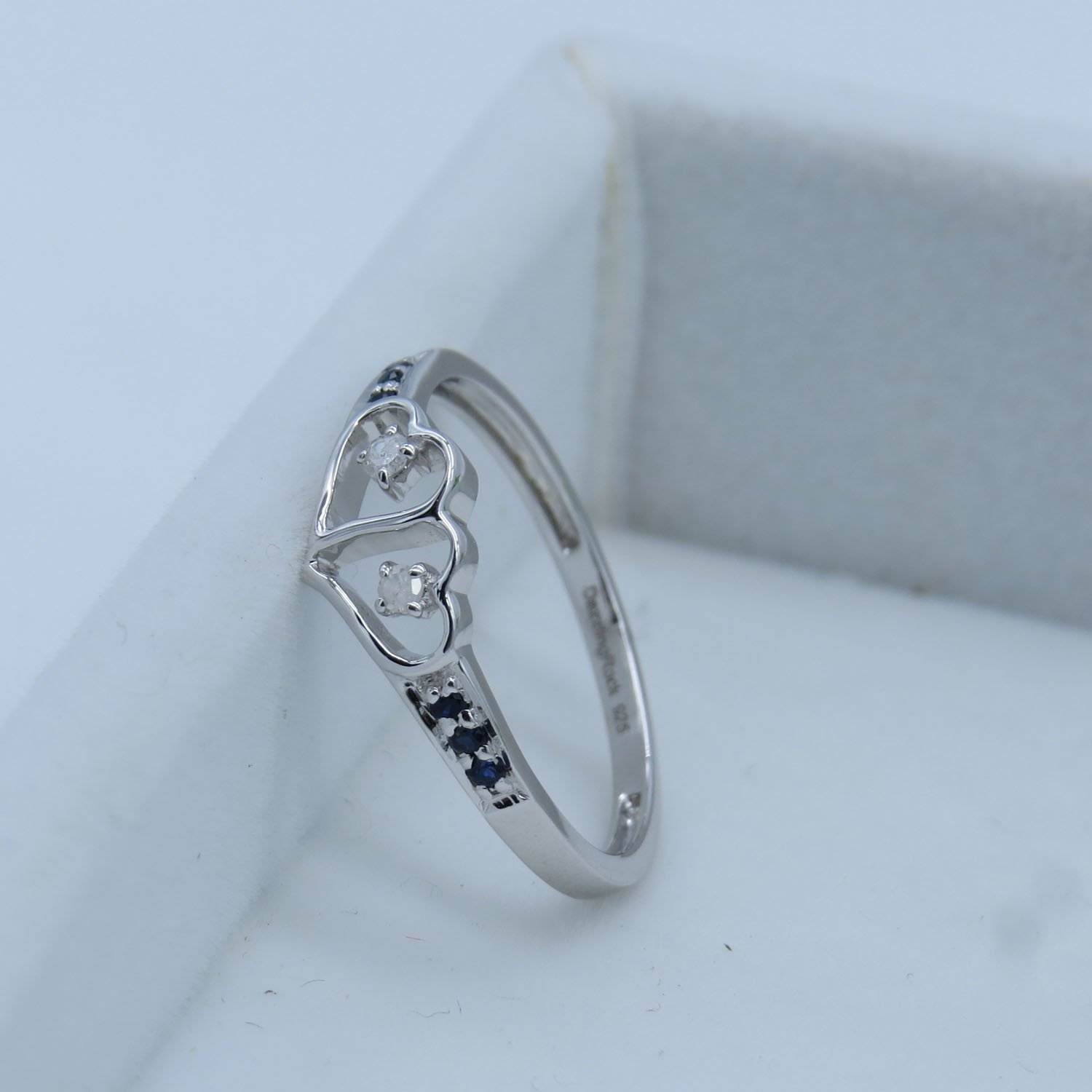 Dazzlingrock Round White Diamond & Blue Sapphire Double Heart Promise Ring for Women - Sterling Silver Engagement Ring - Perfect for Proposals, Anniversaries, and Romantic Gifts