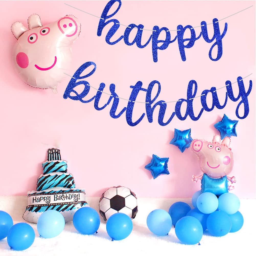 BEISHIDA Blue Happy Birthday Banner - Pre-Strung Glitter Party Garland - Ready to Use Birthday Decorations for Parties, Baby Showers & Celebrations - No DIY Required