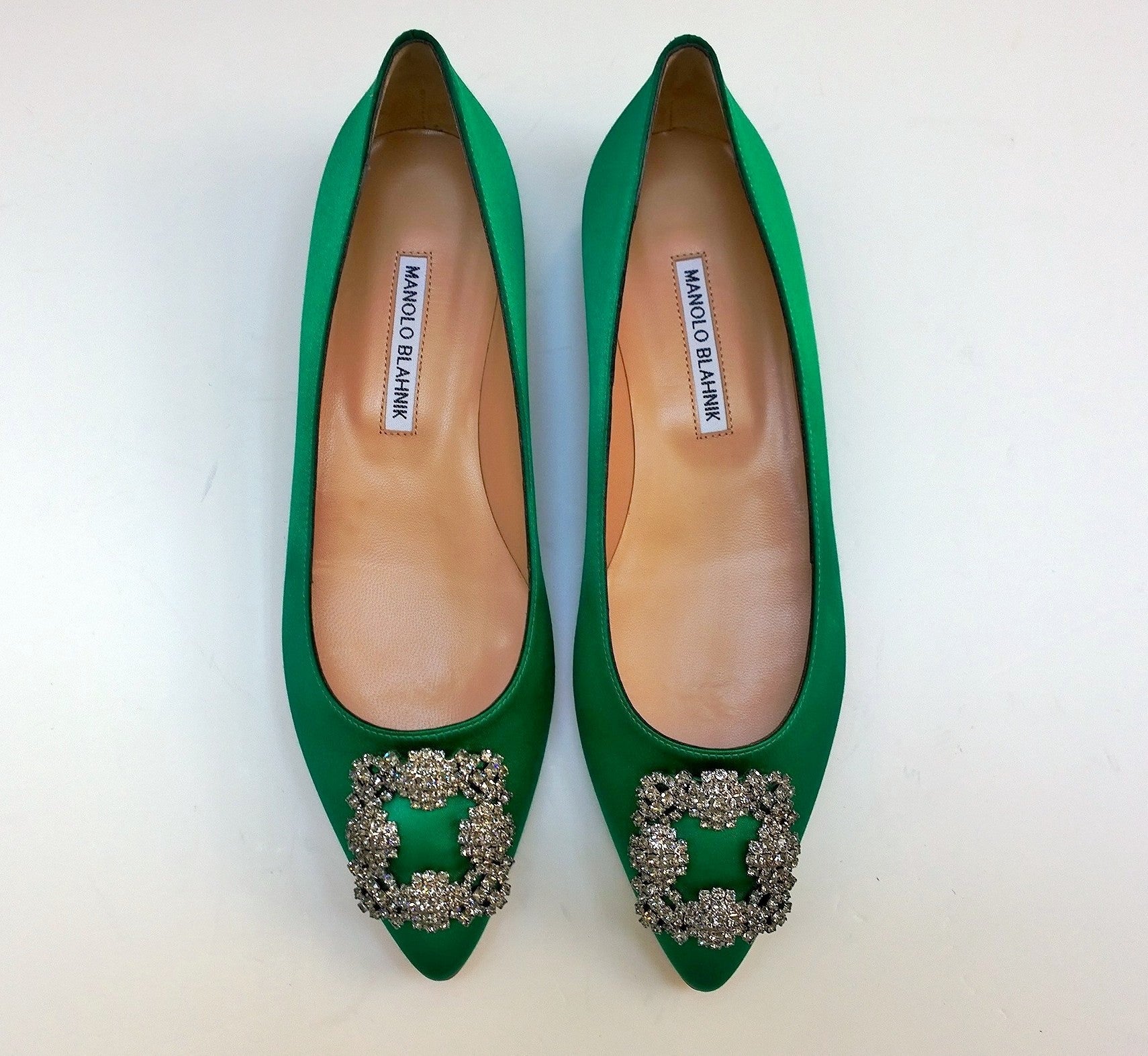 Manolo Blahnik Hangisi Flats - Bright Green Satin Rhinestone Buckle Shoes with Strass Crystals | Elegant Evening Wear & Wedding Party Shoes for Women