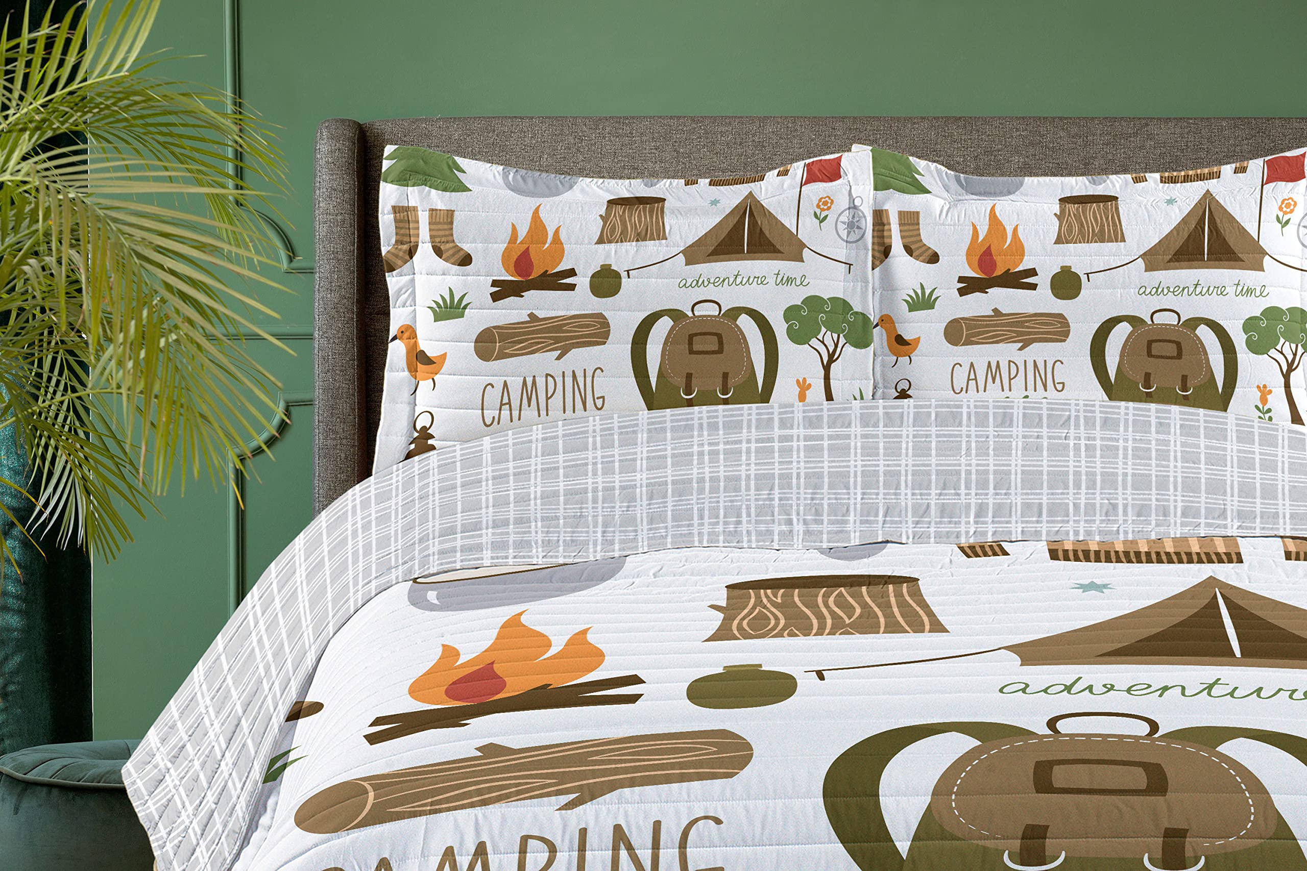 Ambesonne Adventure Reversible King Size Bedspread Set - Camping Theme Microfiber Comforter with Pillow Shams (Sepia Green Orange) - Perfect for Outdoor Enthusiasts & Cabin Decor