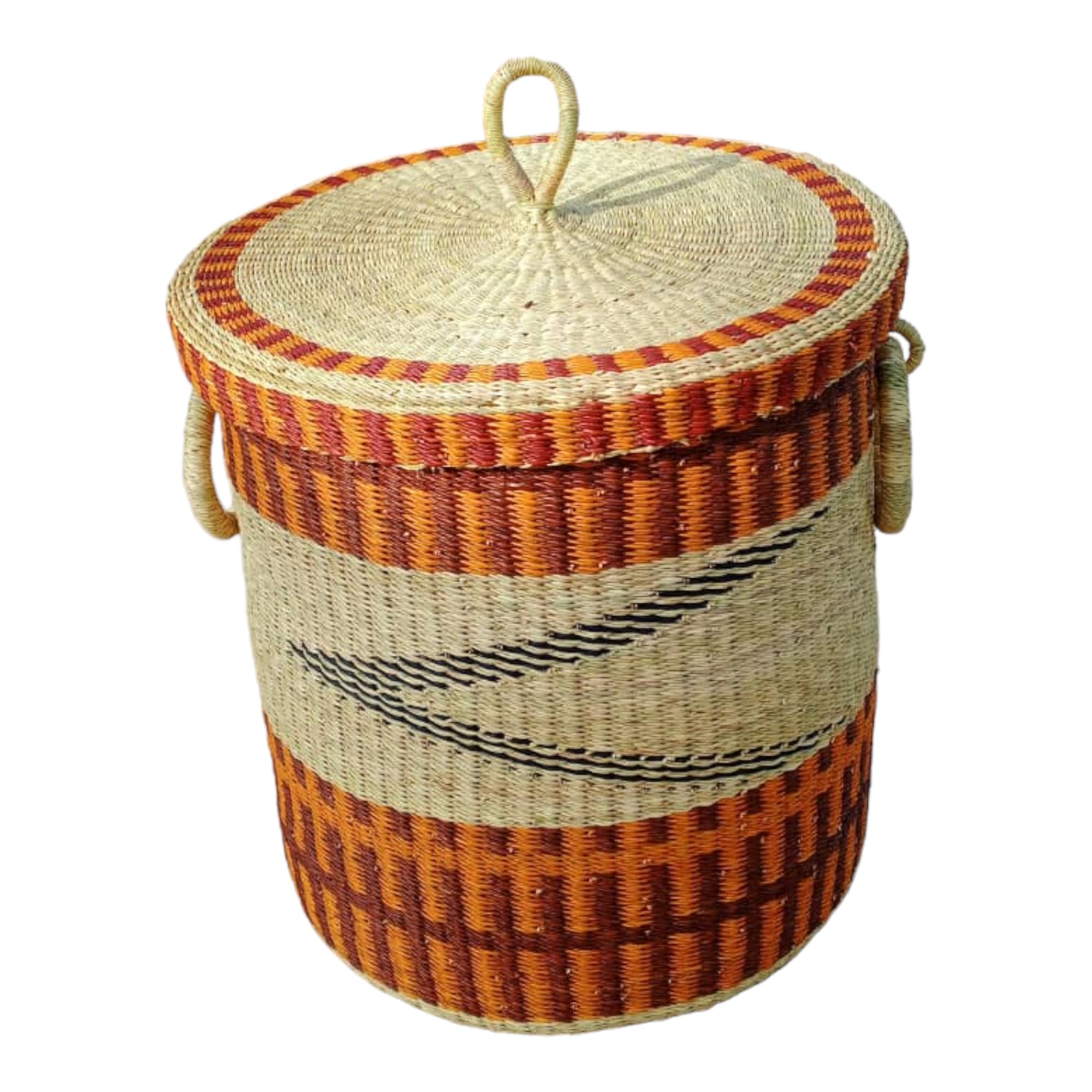 Large African Woven Laundry Basket with Lid - Rattan Storage Hamper for Clothes, Towels, Sheets & Blankets | Ghana Handwoven Basket for Bedroom, Bathroom & Home Organization