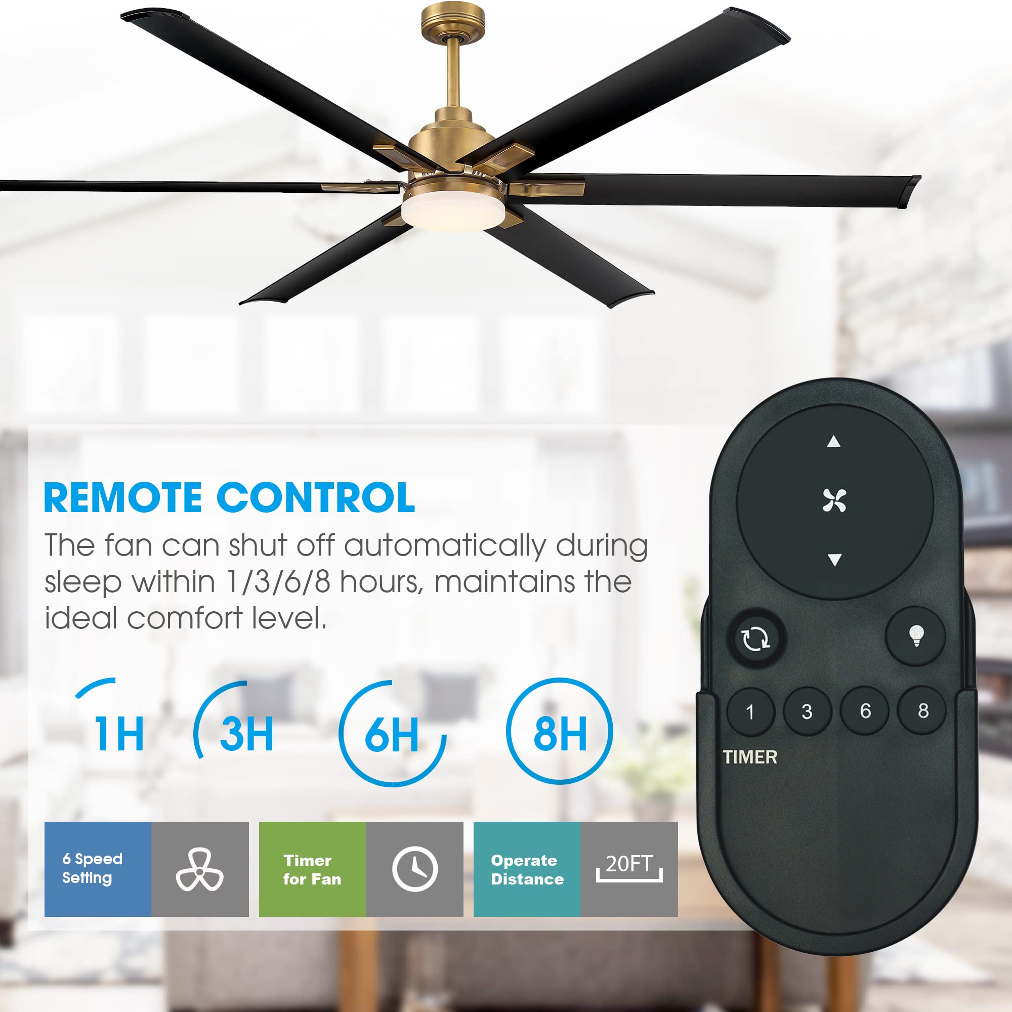 72 Inch Black and Gold Ceiling Fan with Lights and Remote - DC Motor Reversible 6 Blades for Living Room, Shop, Industrial & Outdoor Use - Energy Efficient LED Lighting & Brass Finish - Perfect for Home, Office, and Patio Cooling