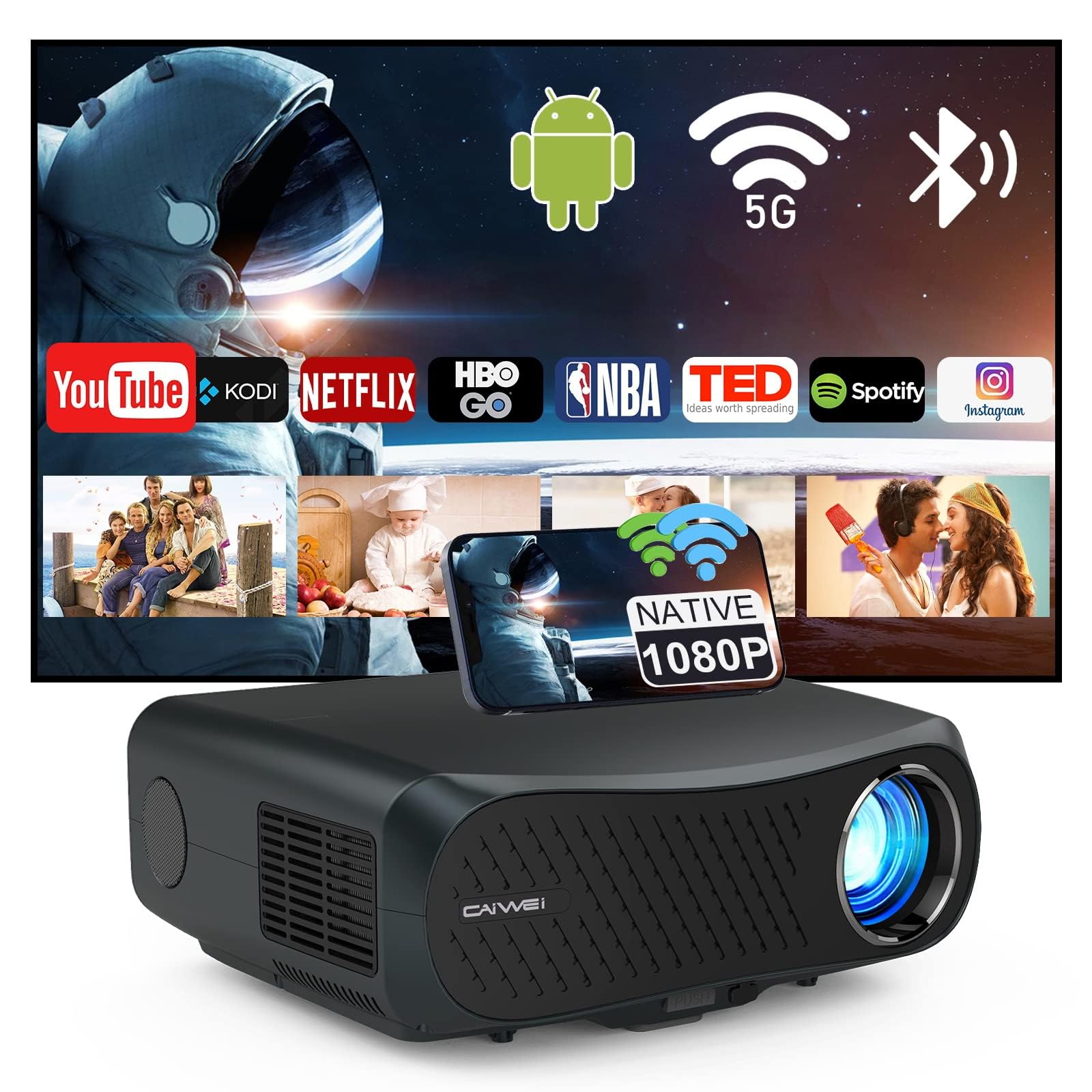 Smart Ultra HD Projector with WiFi & Bluetooth - Native 1080P Home Theater Projector | 4K Supported | Built-in Android OS | YouTube & Netflix Ready | 200