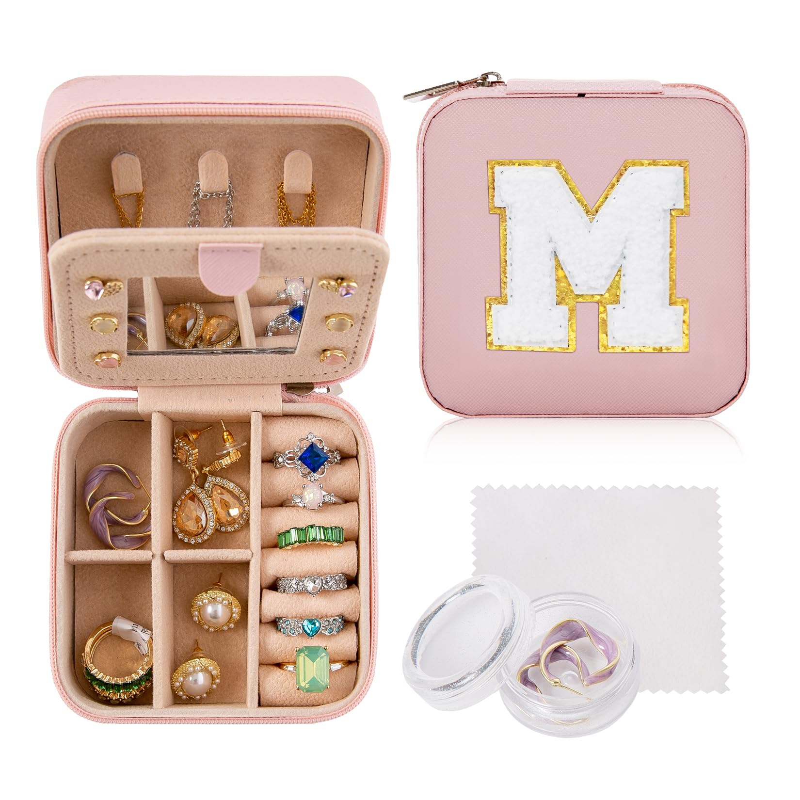Ulico Travel Jewelry Organizer Box with Mirror - Portable Jewelry Case for Women, Girls, Friends & Sisters | Perfect for Travel, Birthday Gifts & Daily Jewelry Storage | Compact Jewelry Holder with Initial M Design