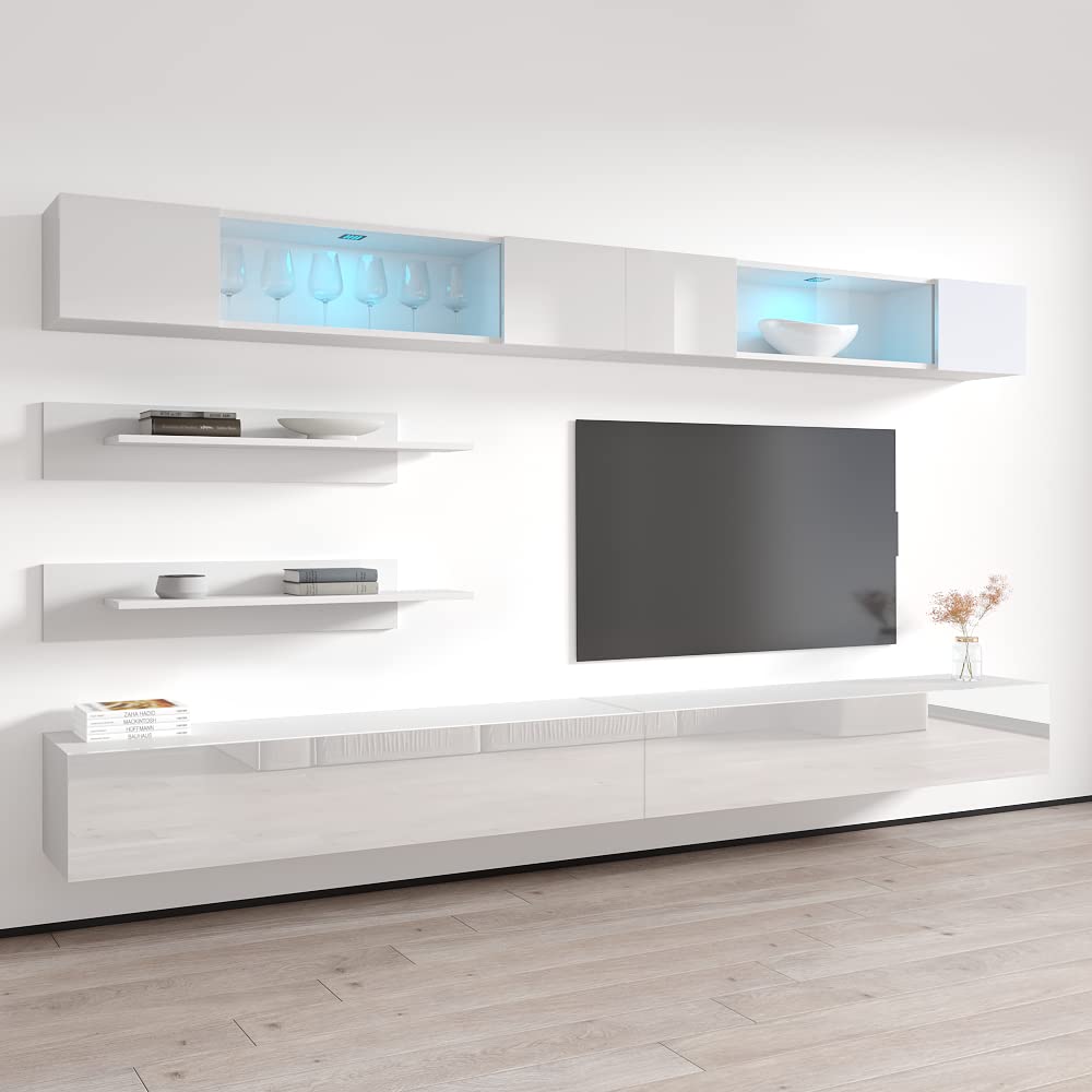 Modern Wall-Mounted TV Stand with Storage Shelves & LED Lights - Floating Entertainment Center Console for Bedroom & Living Room - White I3 30TV Stand by Meble Furniture - Perfect for Small Spaces & Home Theater Setup