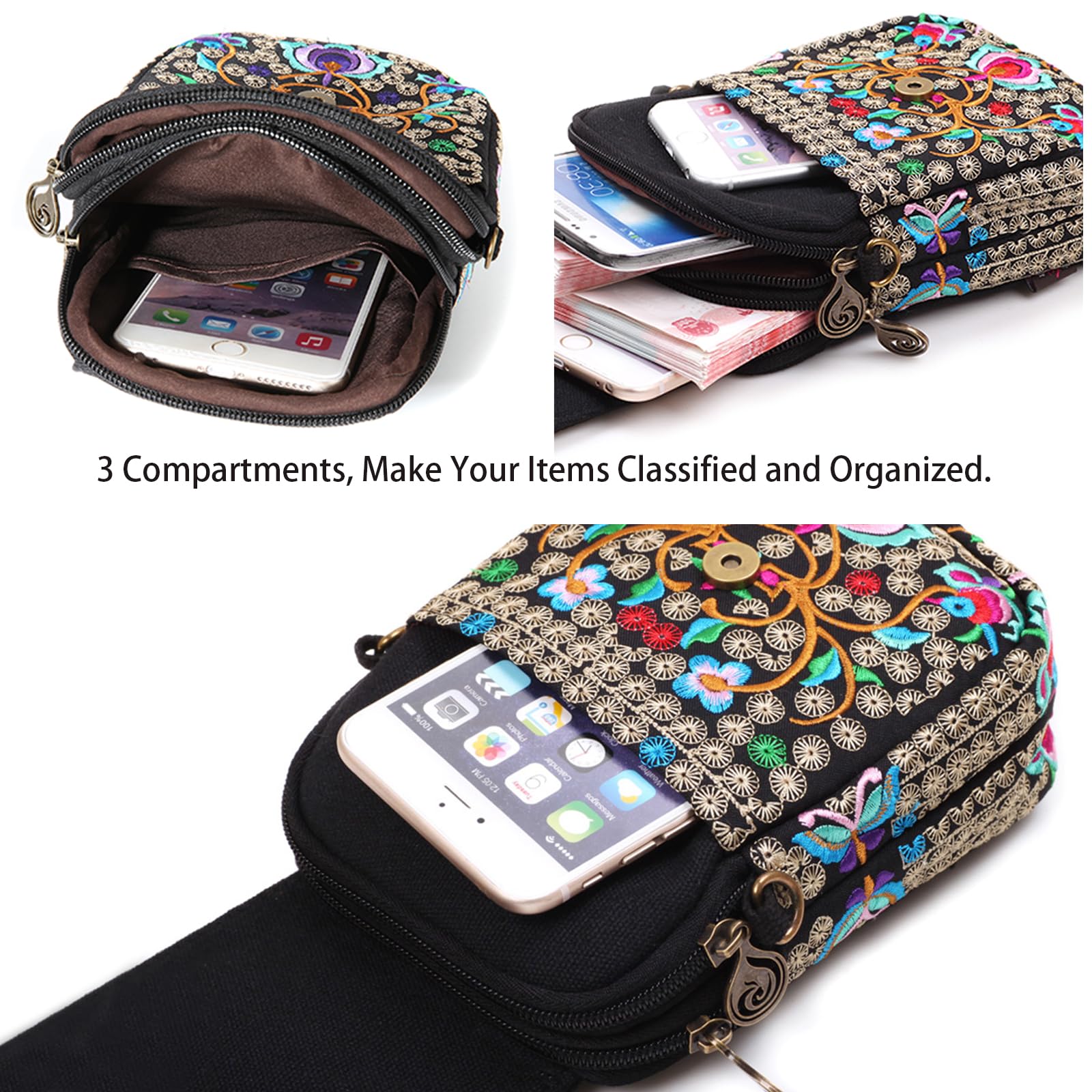 Floral Embroidery Canvas Crossbody Bag for Women - Stylish Messenger Purse with Phone Pouch | Perfect for Daily Use, Travel & Shopping