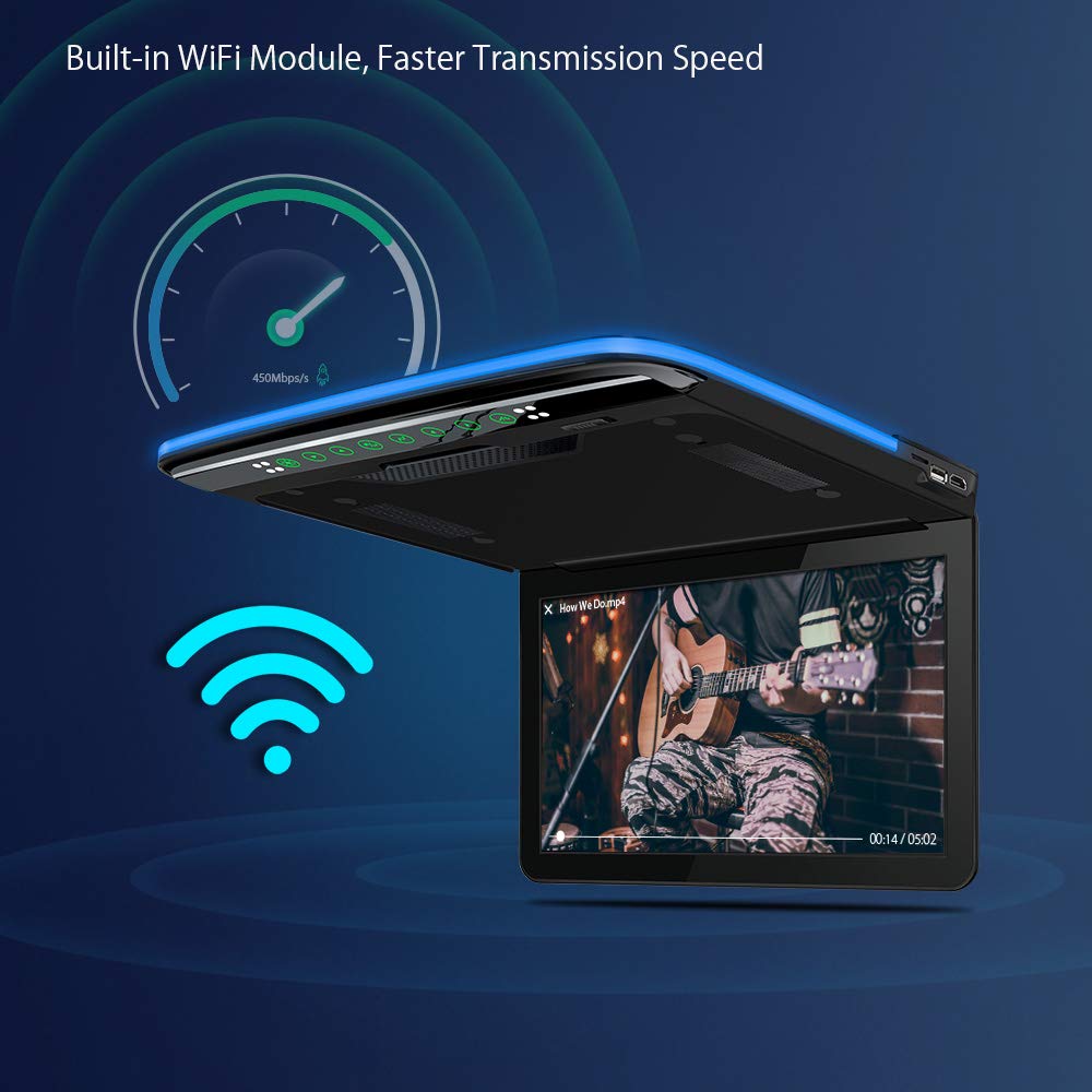XTRONS 13.3 Inch Android Car Overhead Player - IPS HD Flip Down Roof Mount Monitor with Built-in Stereo Speakers, 8K Video, Bluetooth, WiFi, HDMI, USB - Perfect for Road Trips, Family Travel & Kids Entertainment in SUVs and Minivans