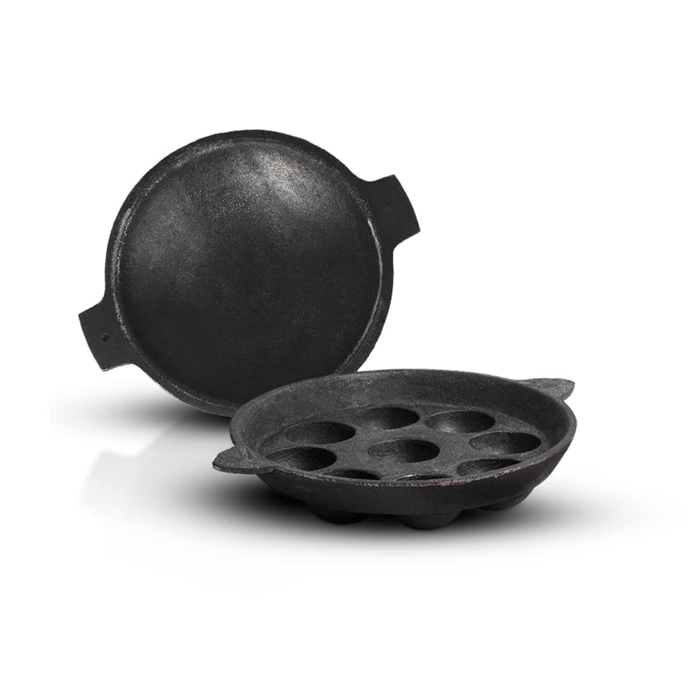 Pre-Seasoned Cast Iron Breakfast Cookware Set - 9-Hole Paniyaram Pan & 23cm Appam Pan for Perfect South Indian Dishes | Ideal for Making Paniyaram, Paddu, Appam at Home | Durable & Non-Stick Black Cast Iron