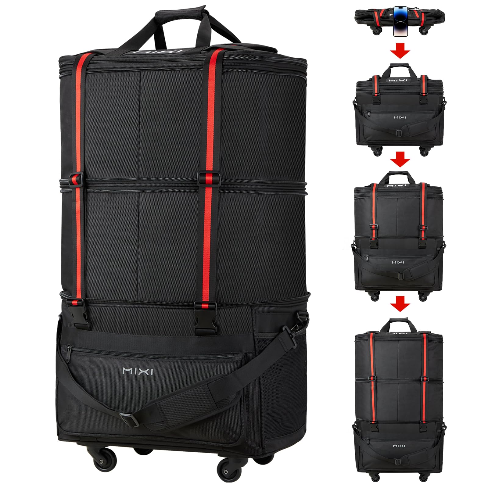 Expandable Foldable Rolling Travel Duffel Bag with Wheels - Large Capacity Collapsible Luggage Suitcase for Men & Women, Black - Perfect for Air Travel, Road Trips & Weekend Getaways