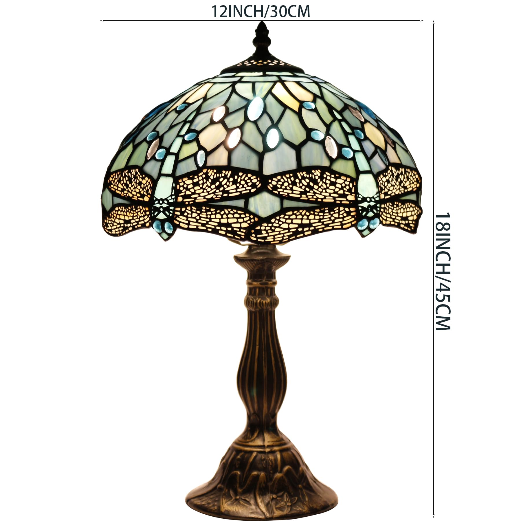 Tiffany Style Table Lamp 12x18 Inch with LED Bulb - Sea Blue Stained Glass Dragonfly Shade & Antique Base - Desk Lamp for Reading, Living Room, Bedroom, Study or Bar - Perfect Home Decor and Gift Idea for Art Lovers
